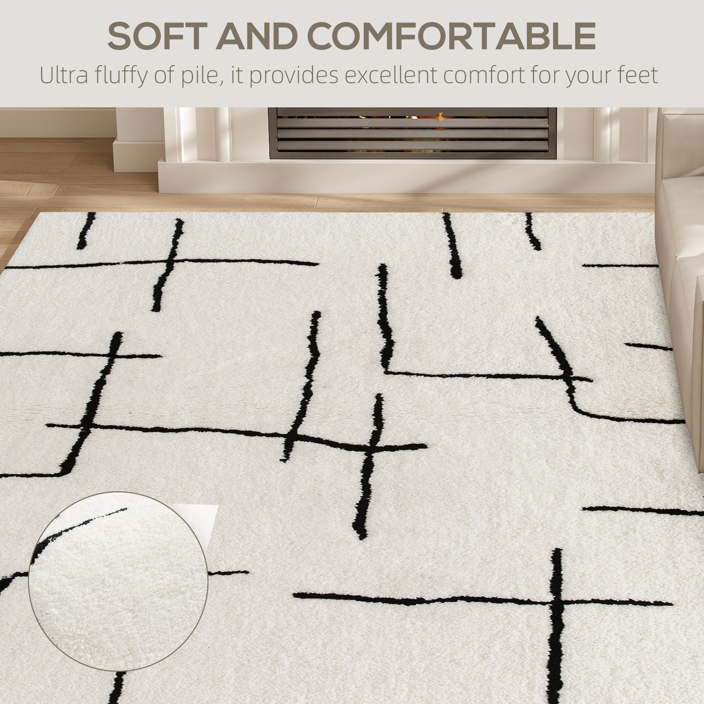 HOMCOM Modern Fluffy Rug Geometric Pattern Washable High Pile Carpet For Living Room Bedroom Office 170 x 120 cm Cream
