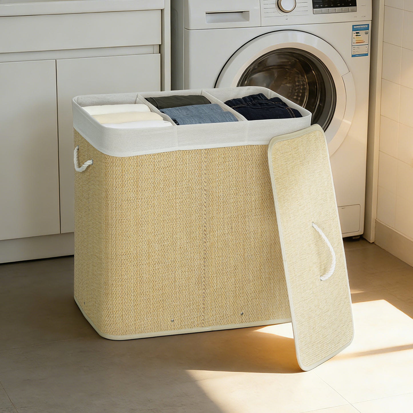 HOMCOM 3 Section Laundry Hamper With Lid 144L Bamboo Laundry Basket With Handles Removable Washable Liner Cream White