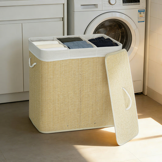 HOMCOM 3 Section Laundry Hamper With Lid 144L Bamboo Laundry Basket With Handles Removable Washable Liner Cream White