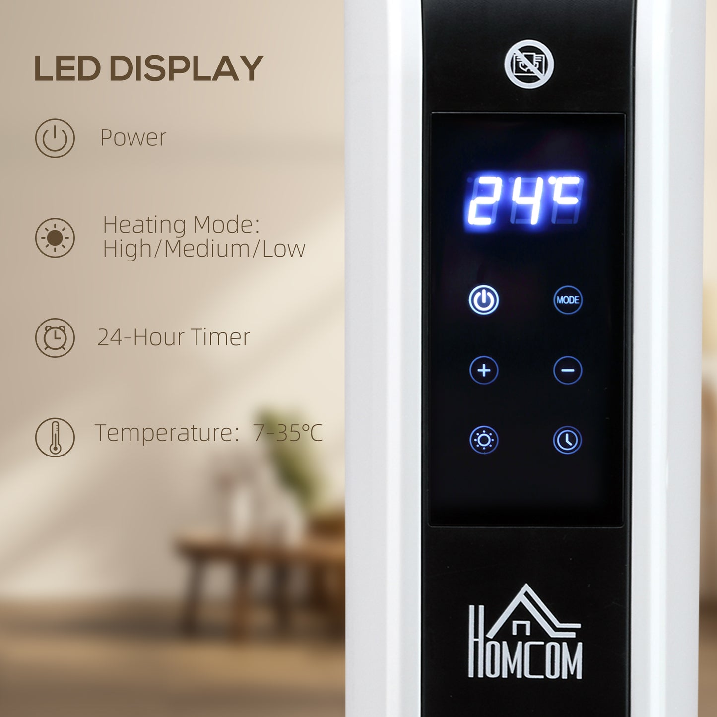 HOMCOM Three-Mode Modern Slimline Heater With 7 To 35 Degrees Celsius Temperature And 24 Hour Timer