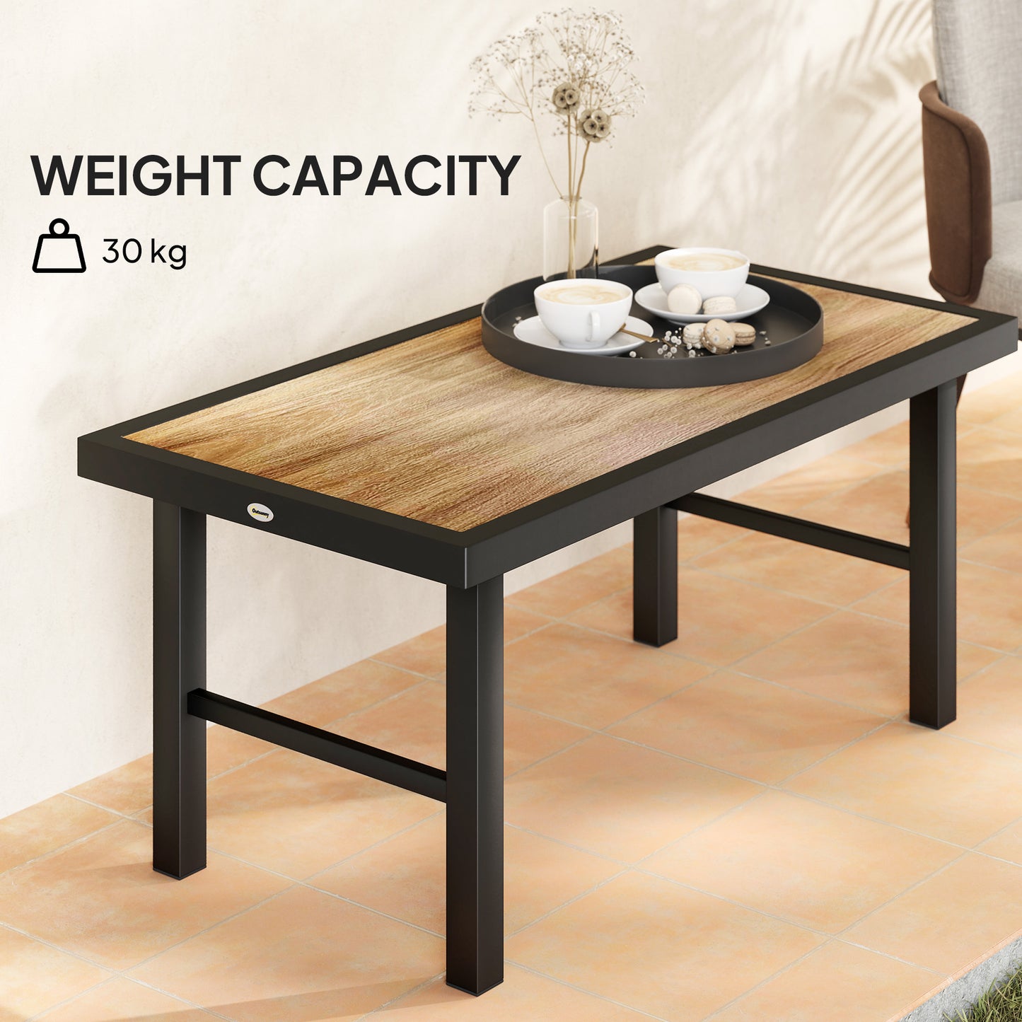 Outsunny Metal Garden Coffee Table With SPC Woodgrain Tabletop Outdoor Side Table 100 x 53 x 46 cm Brown