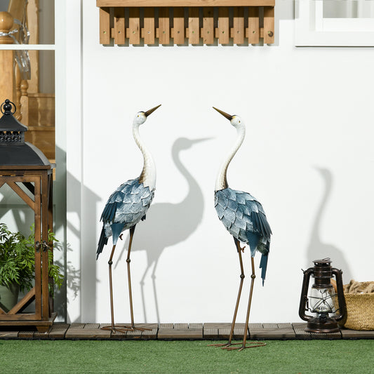 Outsunny Crane Garden Ornaments 2 Piece Steel Statue Set Water And Rust Resistant For Patio Pond Multi Colour