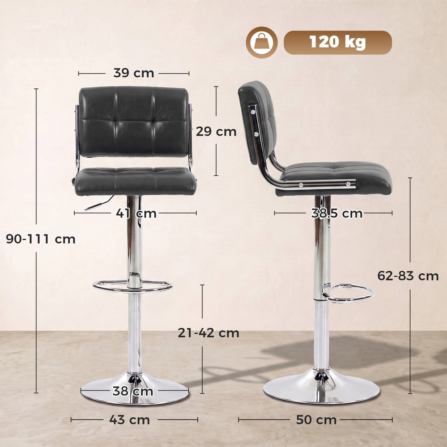 Grey bar stool with backrest, tufted PU seat, chrome pedestal base and height dimensions