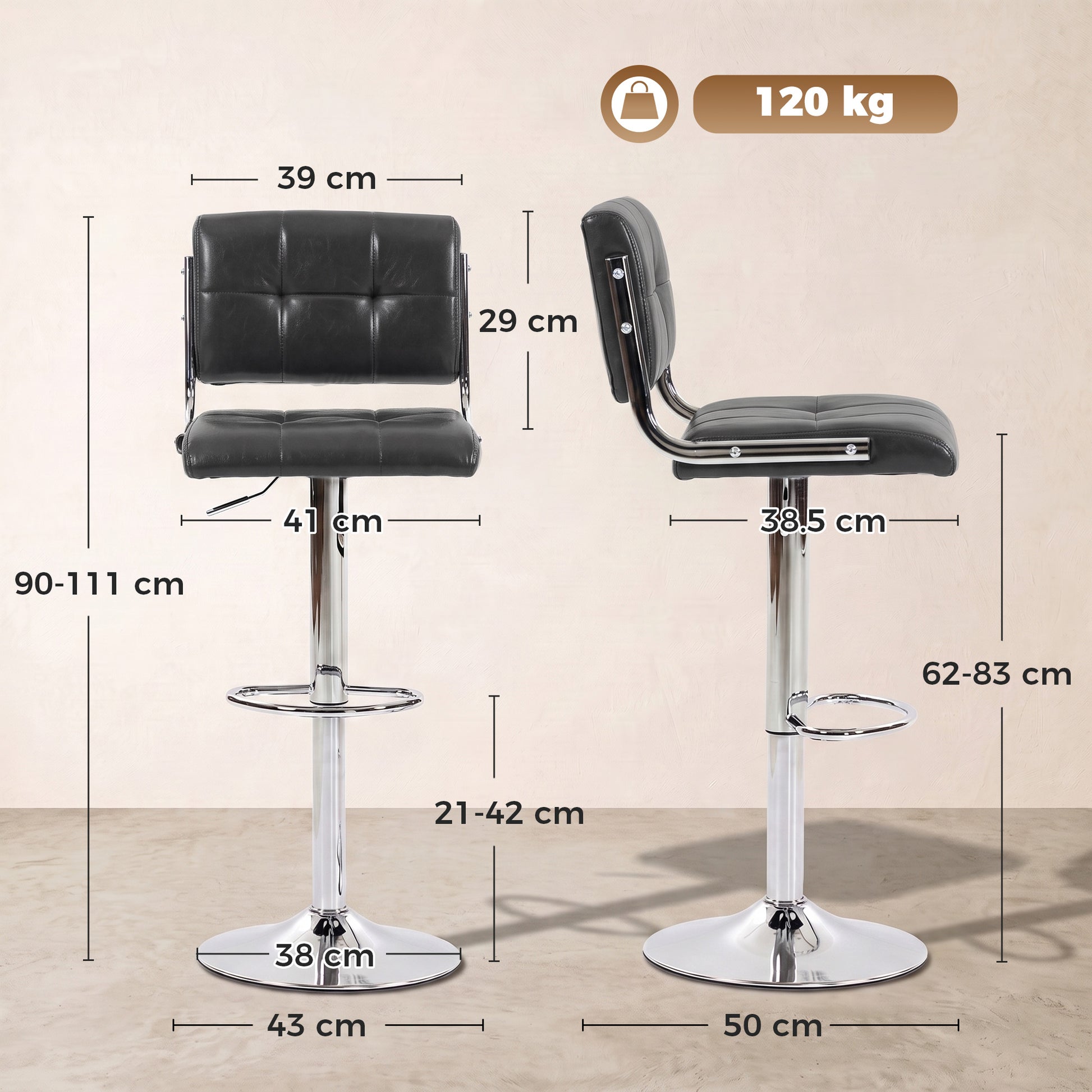Grey bar stool with backrest, tufted PU seat, chrome pedestal base and height dimensions