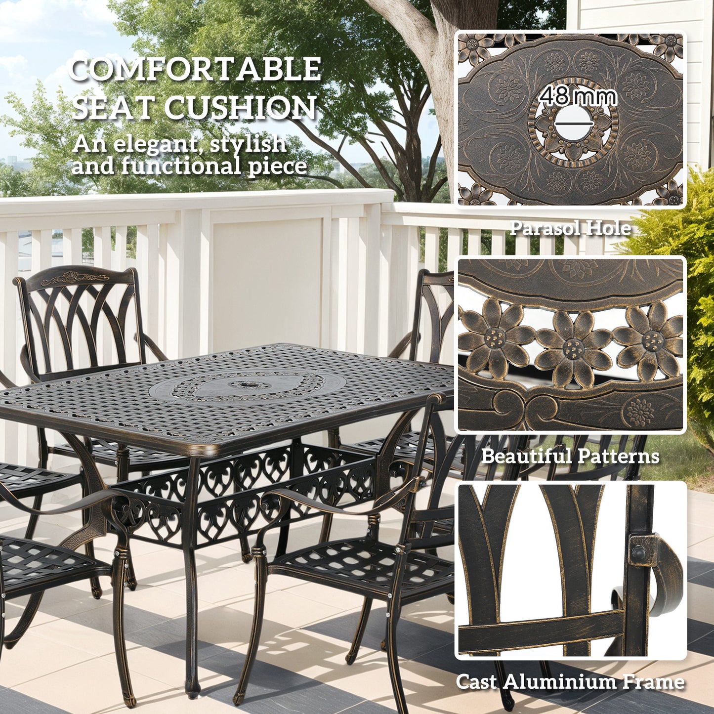 Outsunny Seven Piece Cast Aluminium Garden Dining Set In Bronze Tone With Rectangular Table And Six Chairs