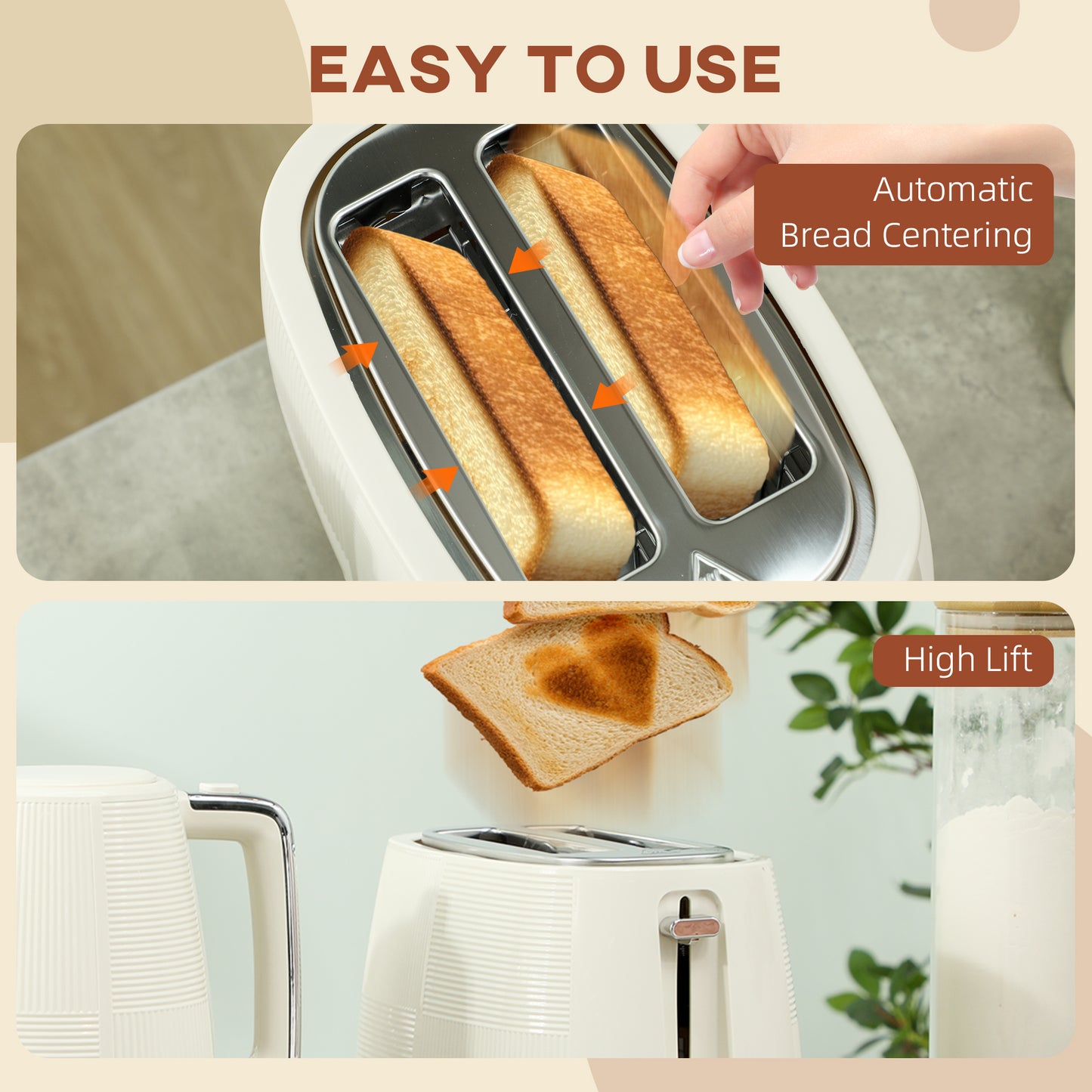 HOMCOM Cream Kettle And Toaster Set 1.7L 3000W Fast Boil Kettle With 7 Level Browning Defrost Reheat Auto Shutoff