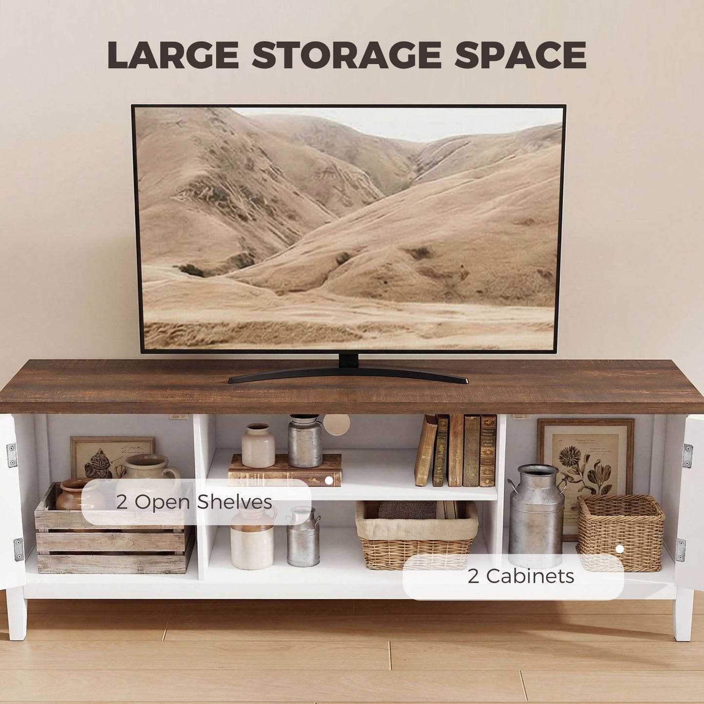 HOMCOM TV Stand For 42 Inch TVs Farmhouse Entertainment Centre With Two Cabinets And Open Shelves Thick Top