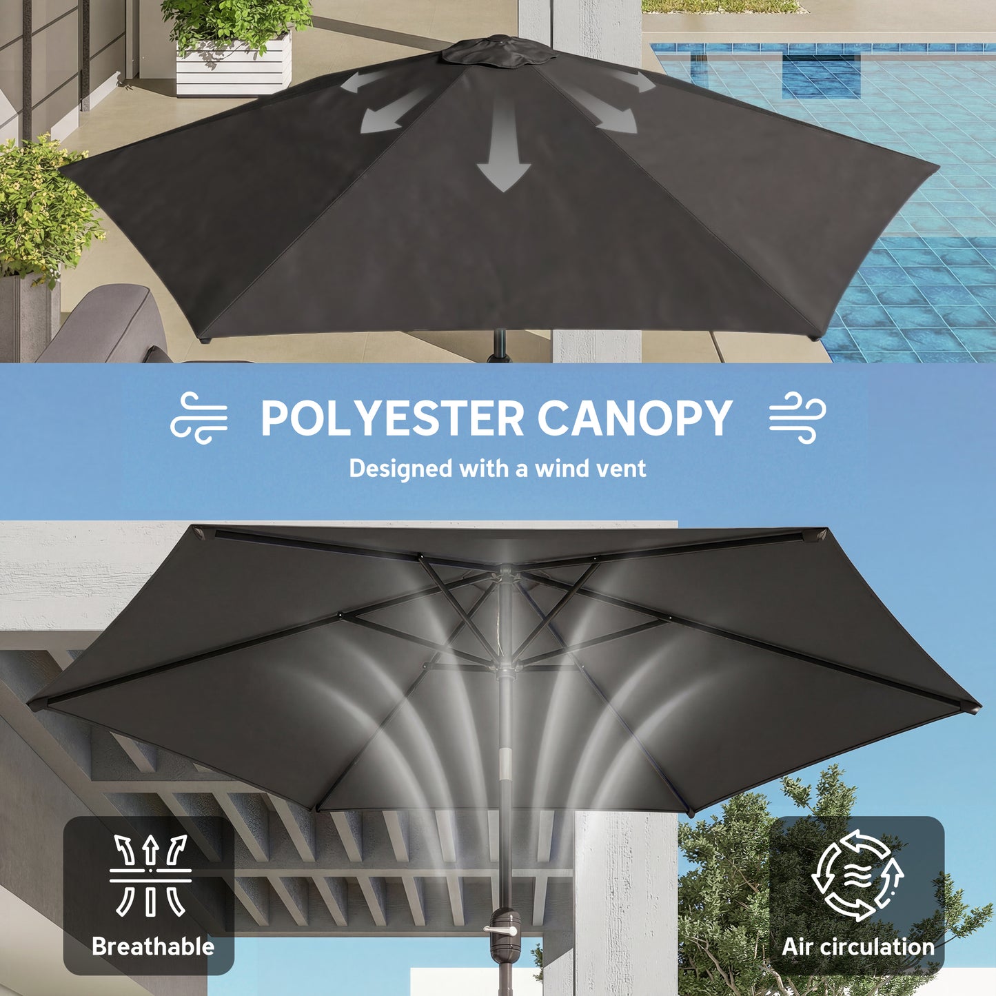 Outsunny 2.6 Meter Garden Parasol Umbrella With Aluminium Pole Outdoor Patio Tilt And Crank Vent Black
