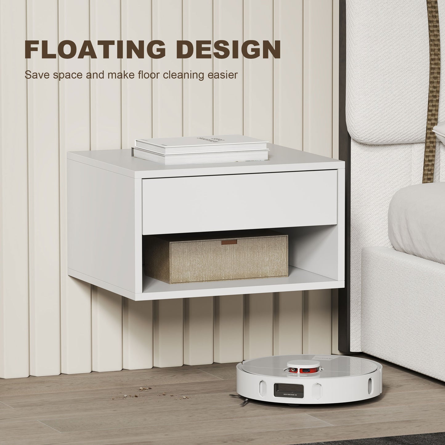 HOMCOM Floating Bedside Tables Set Of Two White With Drawer And Open Shelf Ideal For Nightstand Storage