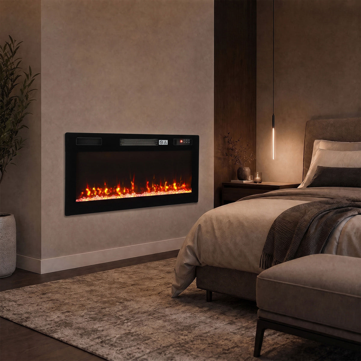 Recessed-style electric fireplace with flame window and black trim