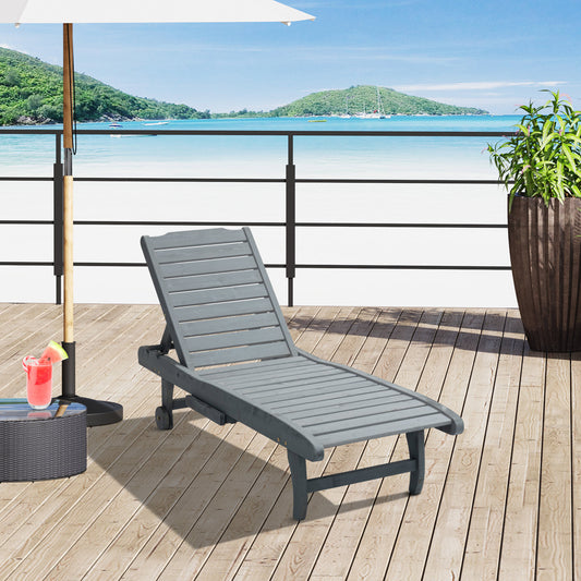 Outsunny Wooden Garden Sun Lounger With Built In Table Rolling Wheels Reclining Backrest And Side Tray Grey