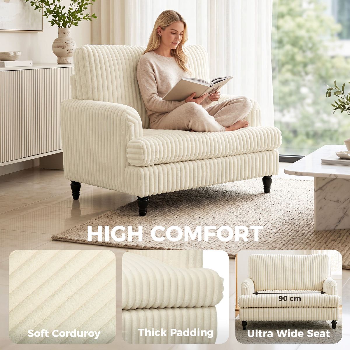 Cream corduroy single sofa armchair with ribbed texture, rounded arms, and thick backrest