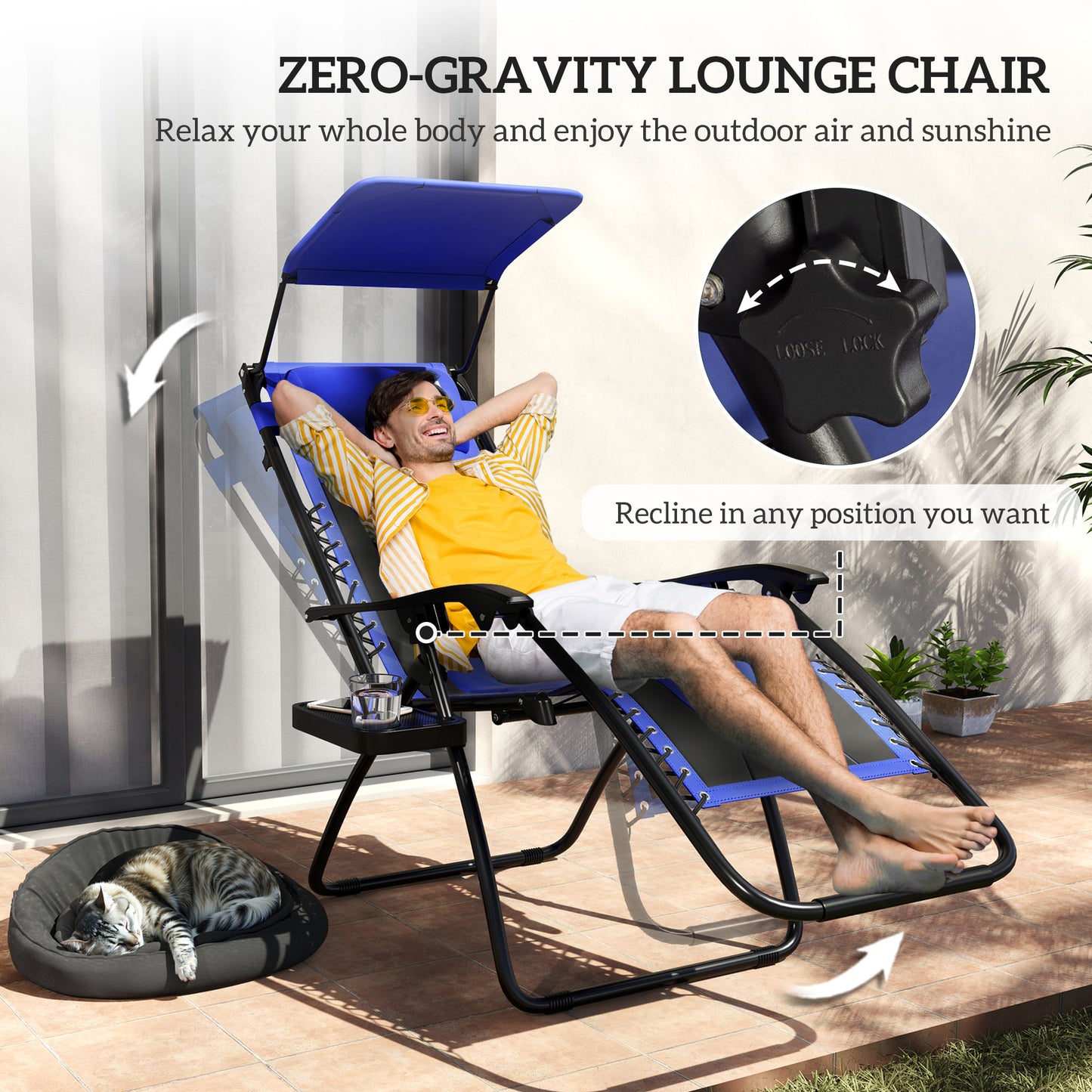 Outsunny Zero Gravity Lounger Chair Folding Recliner With Shade Cover Padded Seat Cup Holder And Headrest Blue