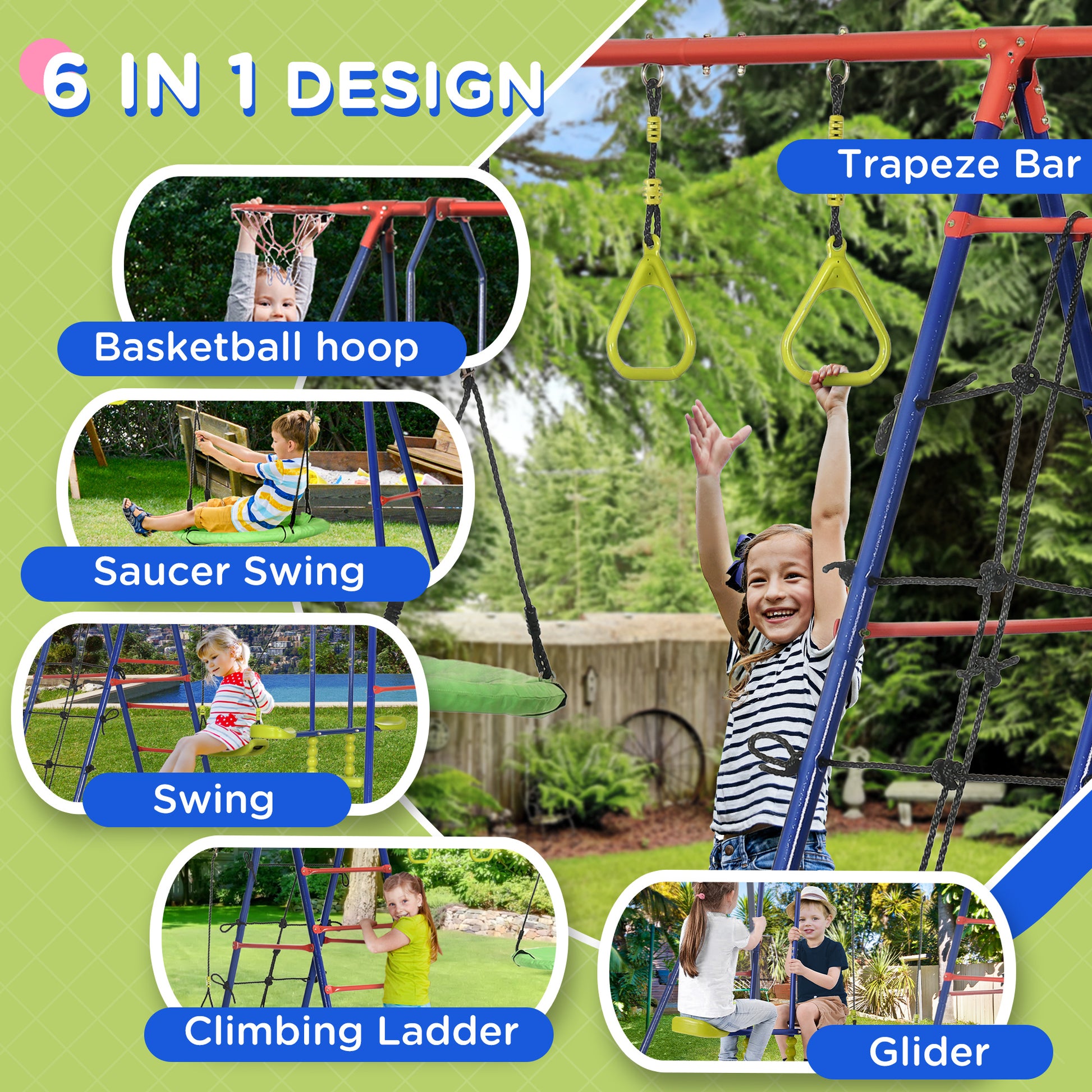 Outsunny 6-in-1 Outdoor Playset for Kids: Swing, Climbing Frame, Glider, Trapeze Bar, and Basketball Hoop - ALL4U RETAILER LTD