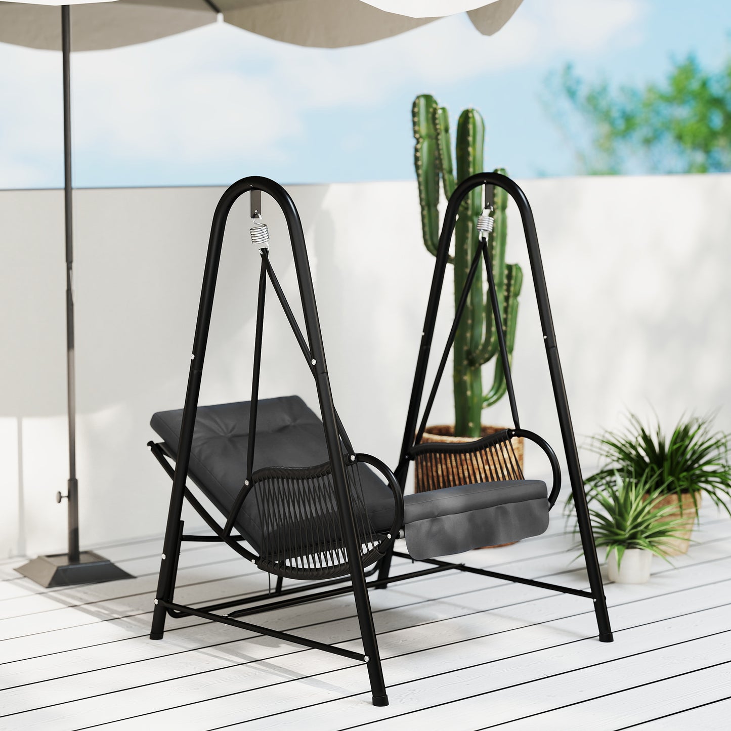 Outsunny Rattan Hanging Swing Chair With Stand And Seat Cushion For Outdoor Balcony Garden Deck Dark Grey