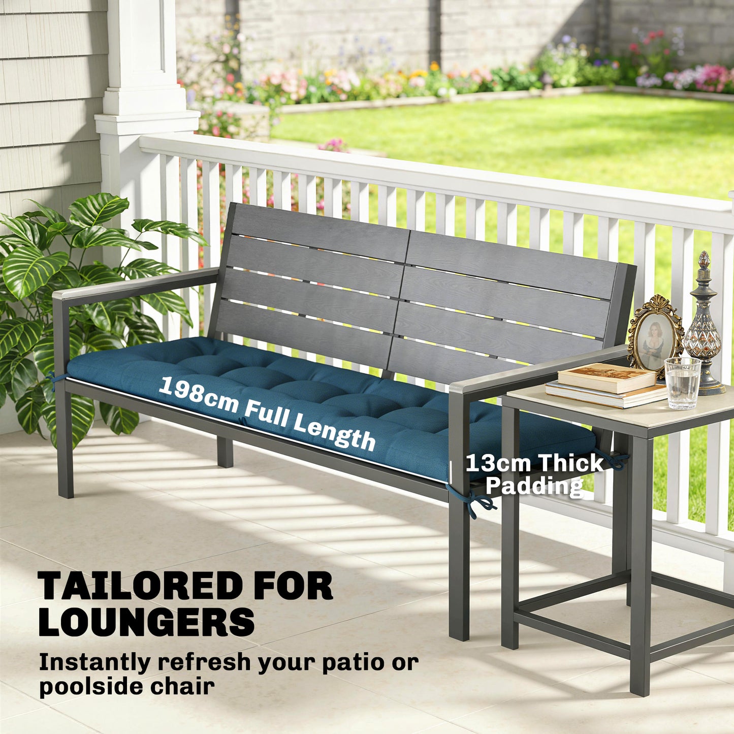 Outsunny Memory Foam Sun Lounger Cushion With Ties For 190 X 60 Cm Lounger Outdoor Blue Pad