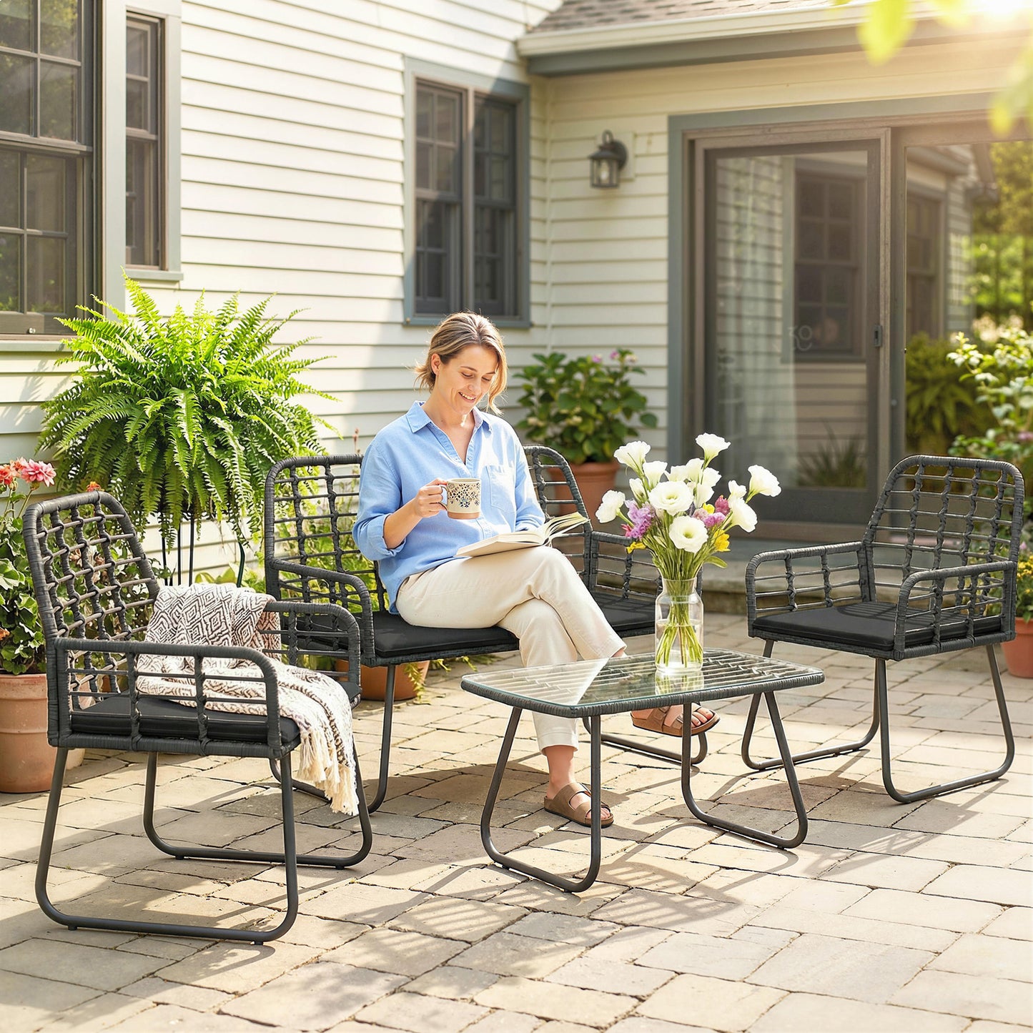 Outsunny 4 Piece Rattan Garden Furniture Set For Patio With Loveseat Armchairs And Coffee Table