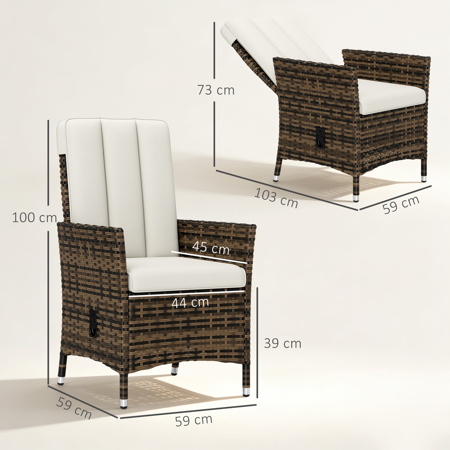 Outsunny Cream Reclining Rattan Chair With Adjustable Back 105 To 150 Degrees Cushioned Seat