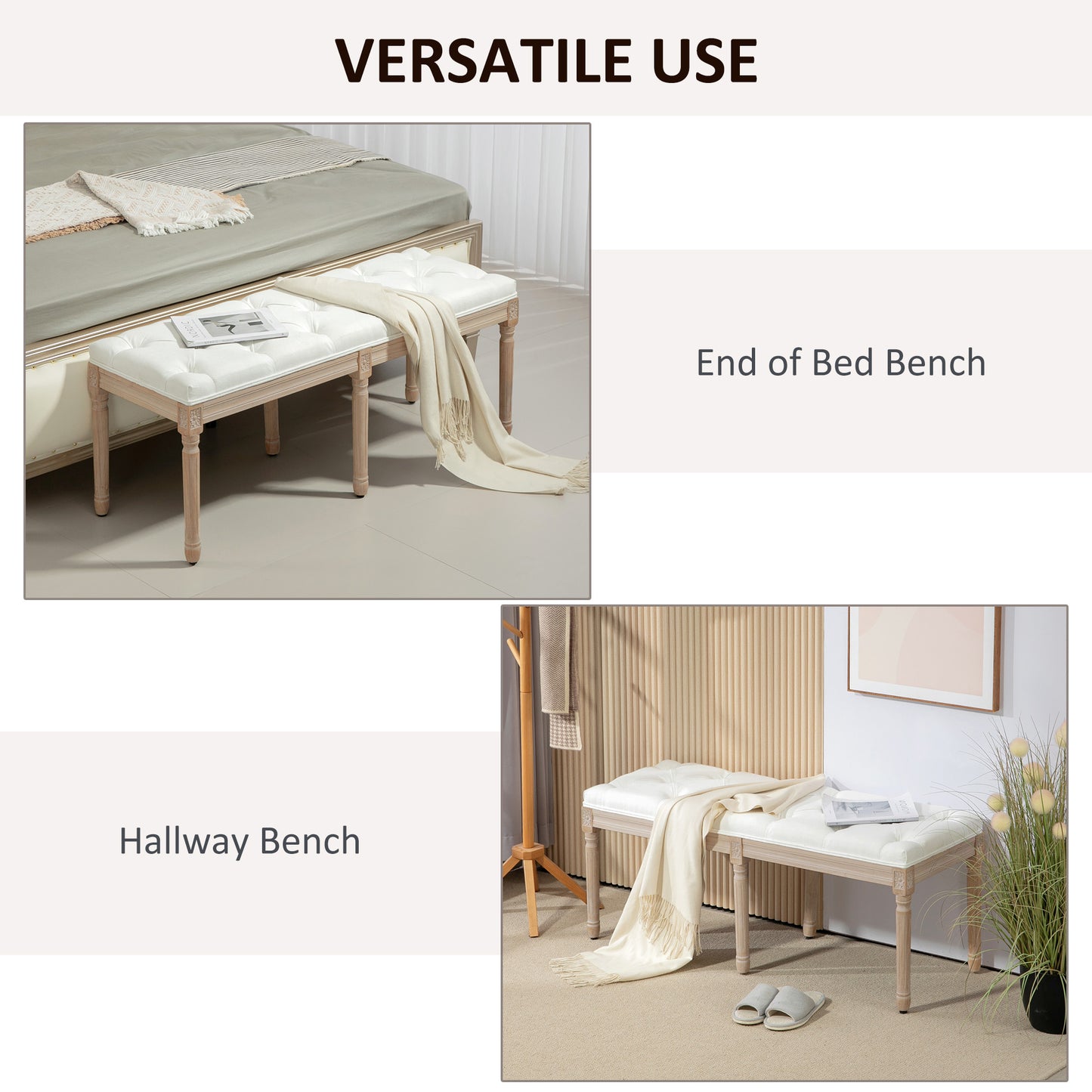 HOMCOM Vintage French Look Bed End Bench Cream White Padded Top Upholstered Wooden Frame With Elegant Carvings