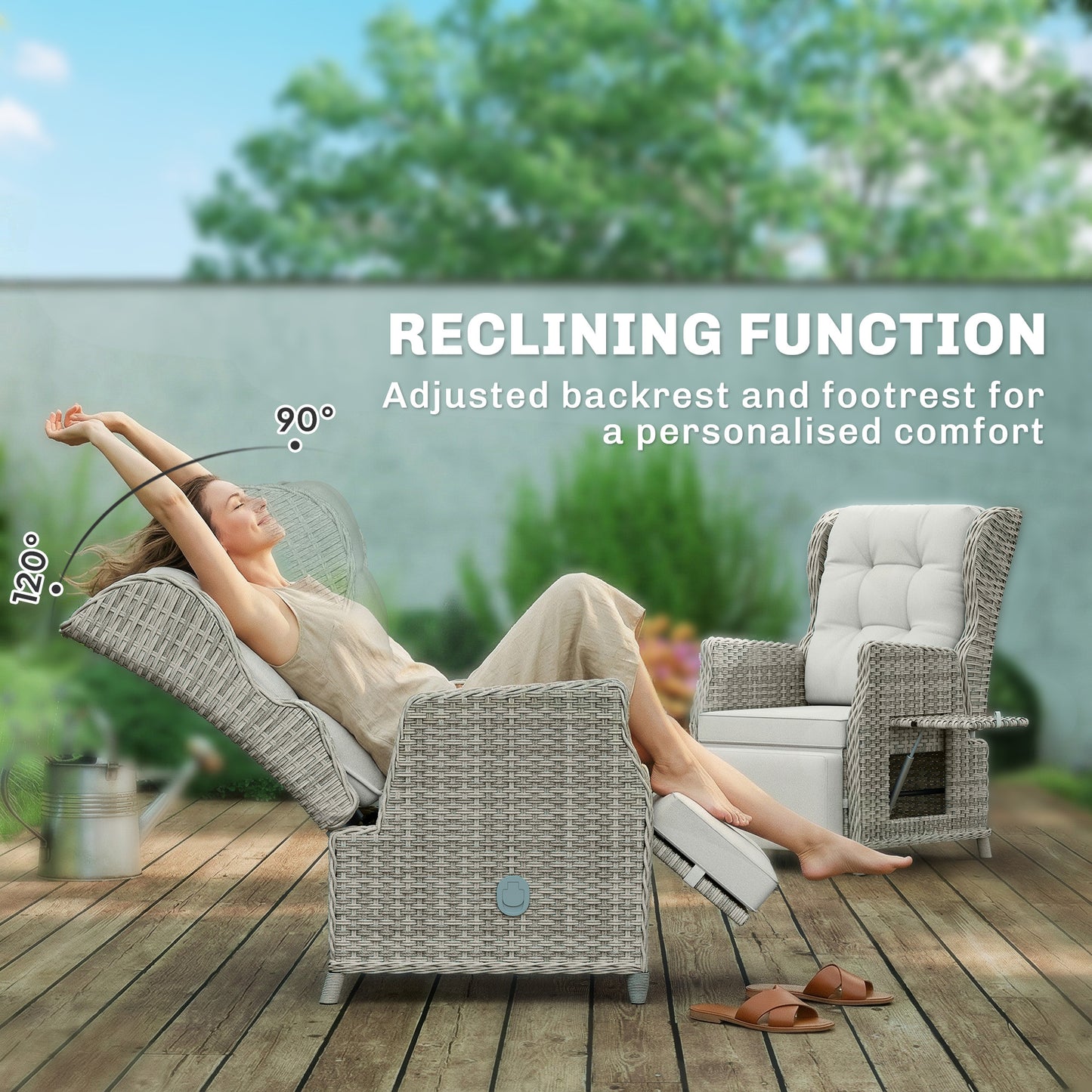 Outsunny Rattan Garden Recliner Chair With Adjustable Back and Footrest Flip Table Cushion Light Grey