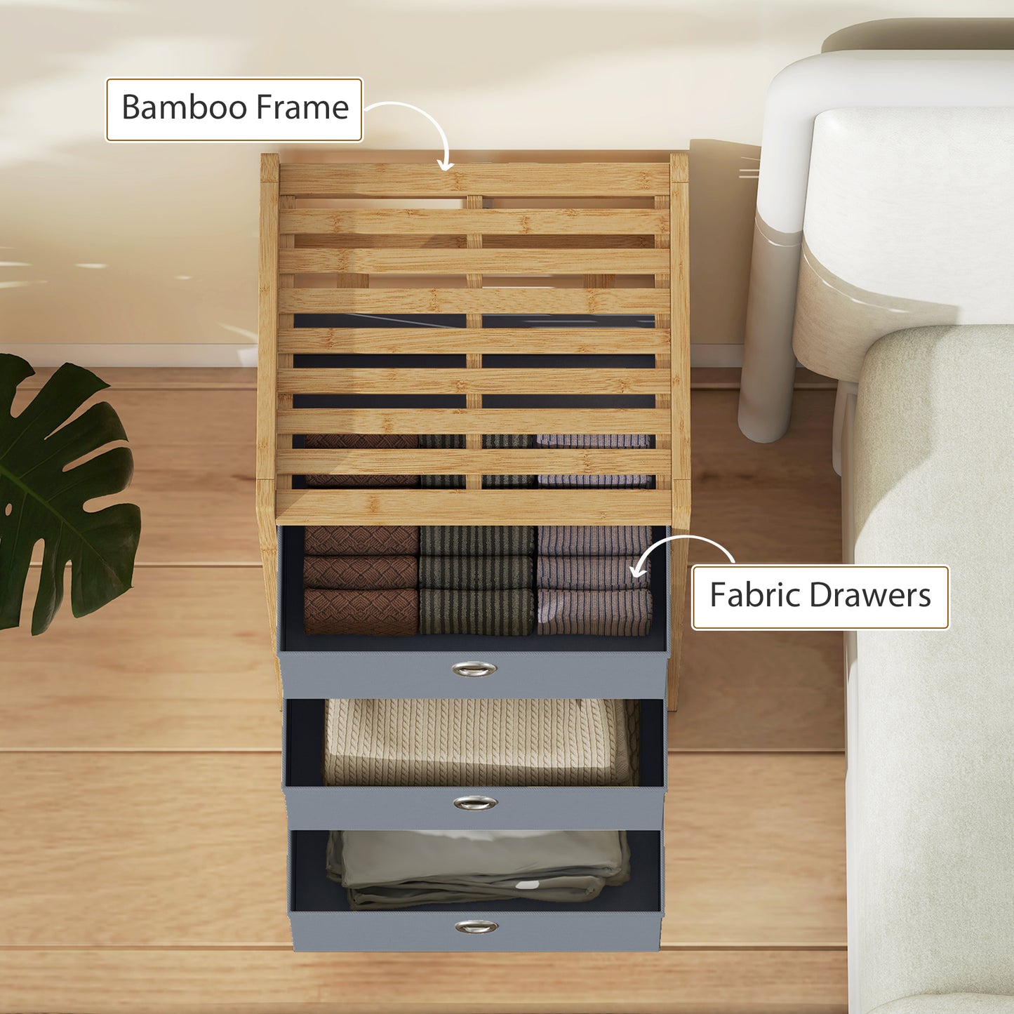 HOMCOM Narrow Chest Of Drawers With Bamboo Frame And 3 Fabric Drawers In Light Grey