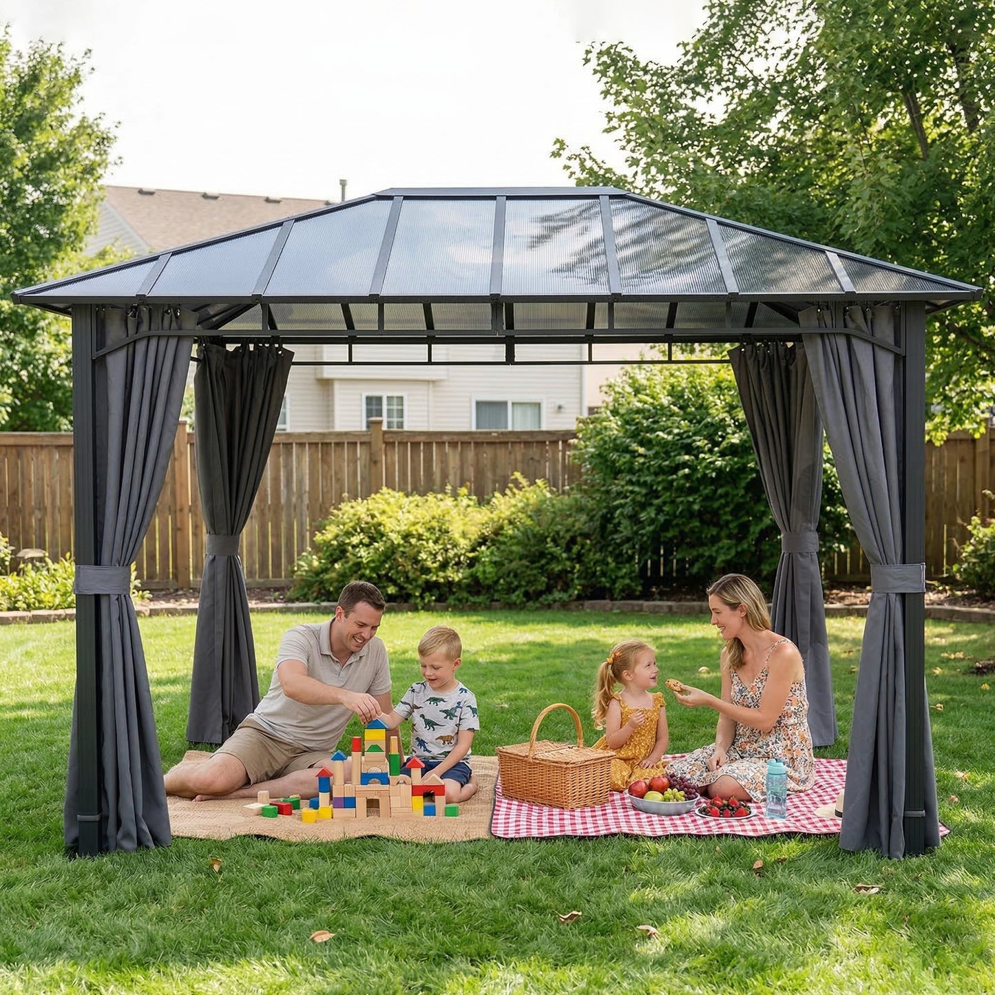 Outsunny 3 x 4 m Outdoor Hardtop Gazebo With Polycarbonate Roof Aluminum Permanent Pavilion With Curtains Dark Grey
