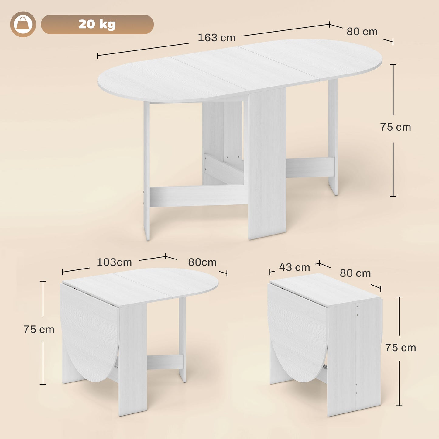 HOMCOM Folding Dining Table With Drop Leaf For Small Spaces, Oval Ash Wood Effect Tabletop