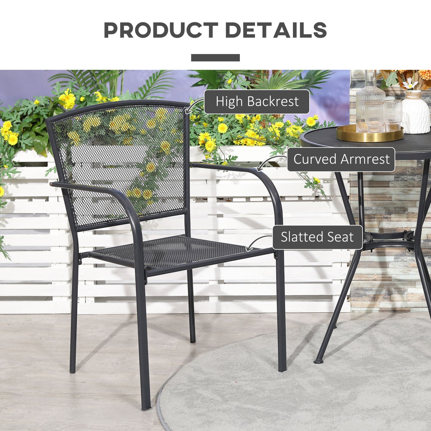 Outsunny Set of 2 Outdoor Metal Dining Chairs - Grey Garden Furniture for Patio and Lawn - ALL4U RETAILER LTD