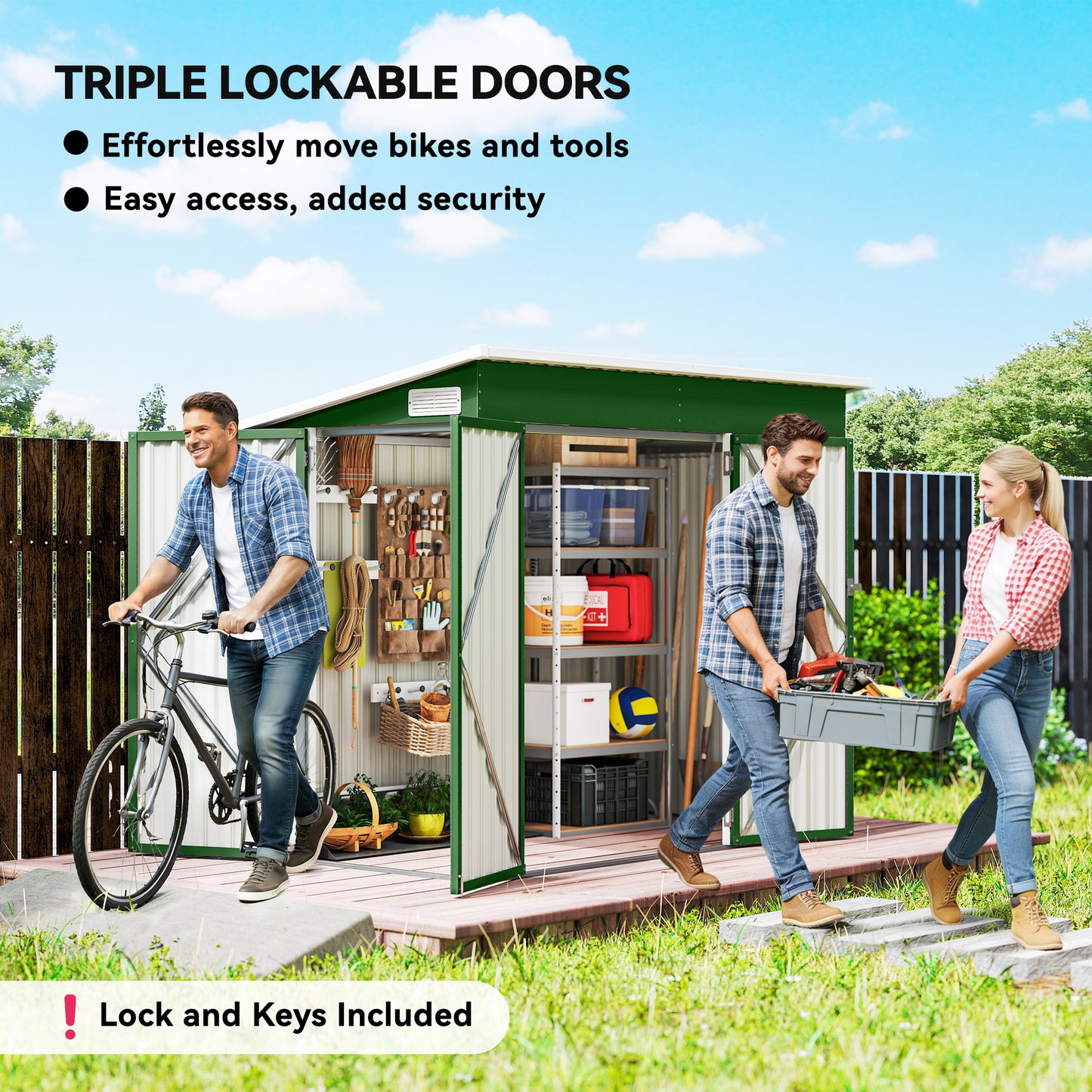 Outsunny 7.5 x 4.3 ft Metal Garden Storage Shed Waterproof Outdoor Shed With Triple Lockable Doors Green