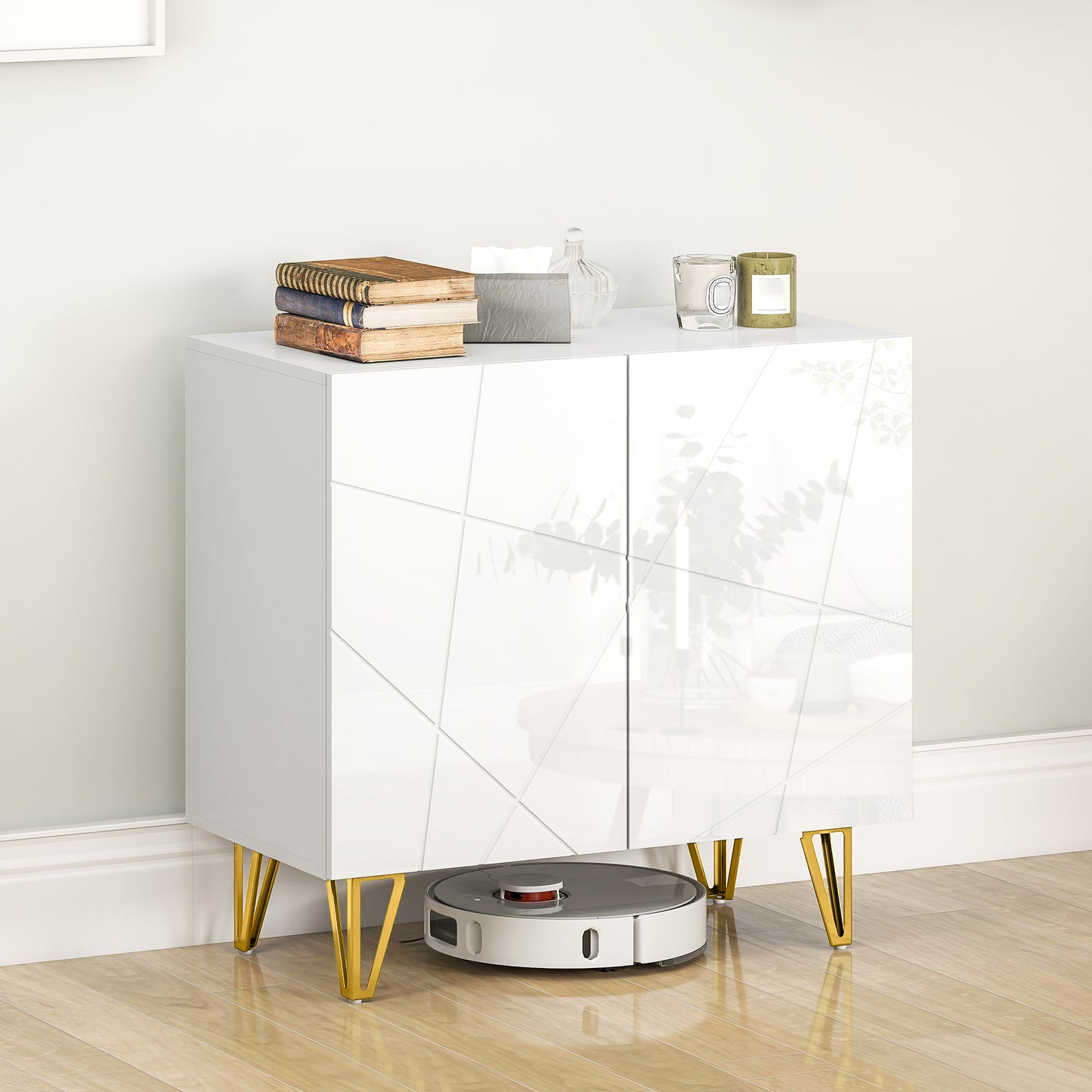 HOMCOM Modern Luxe High Gloss Sideboard White With Hairpin Legs Gold Colored Two Large Storage Compartments