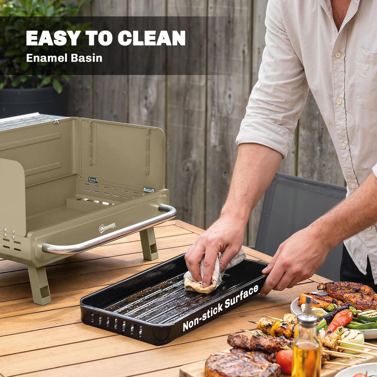 Outsunny Portable Charcoal BBQ Grill With Adjustable Grates Foldable Legs Side Shelf For Camping Travel Khaki