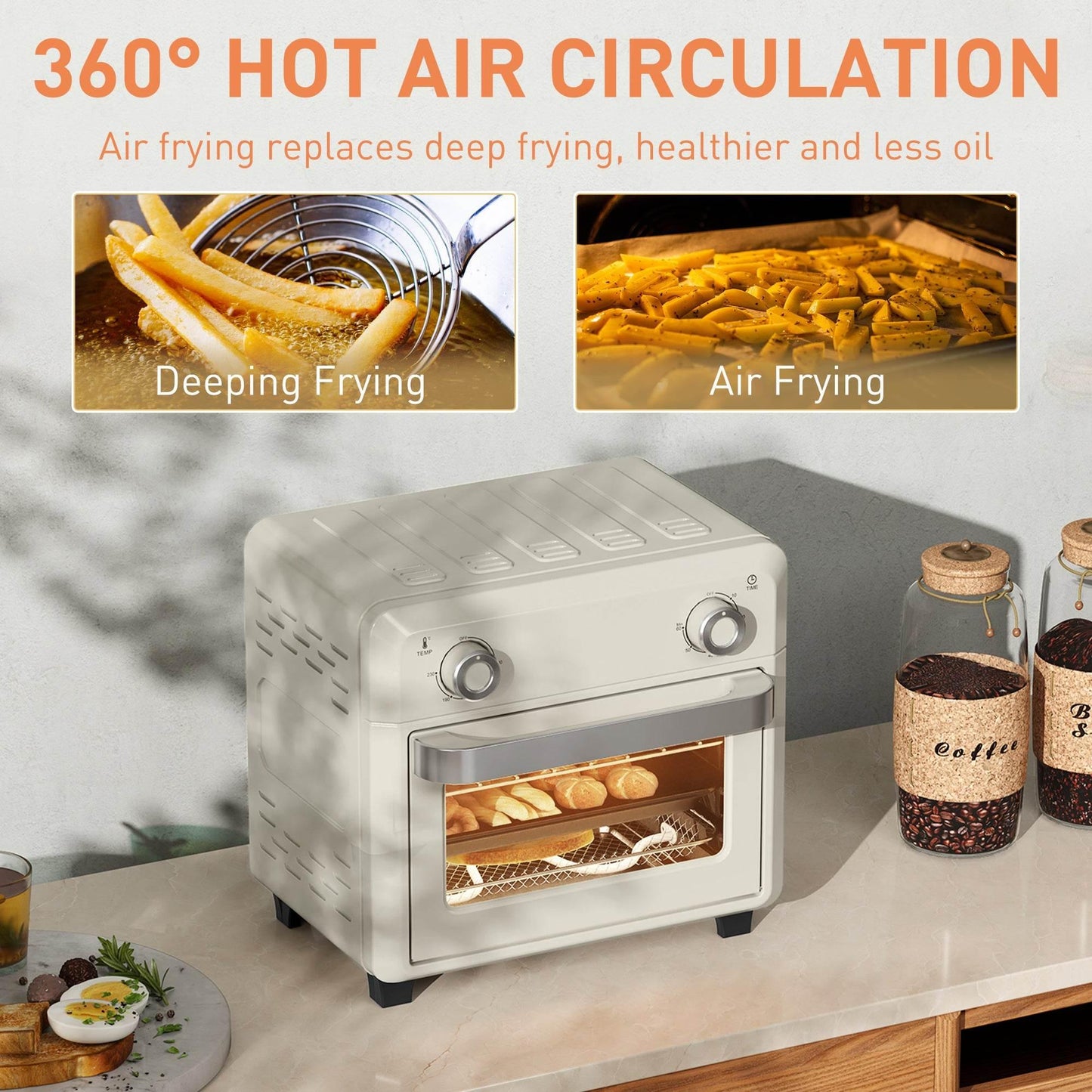 HOMCOM 10L Compact Air Fryer Oven with Touch Screen, Adjustable Timer, and Oil-Free Cooking - Cream White - ALL4U RETAILER LTD