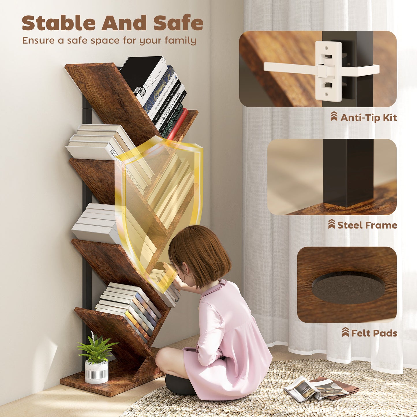 HOMCOM Six Section Tree Bookcase With Steel Frame And Wood Effect Finish For Books Magazines And Media Storage