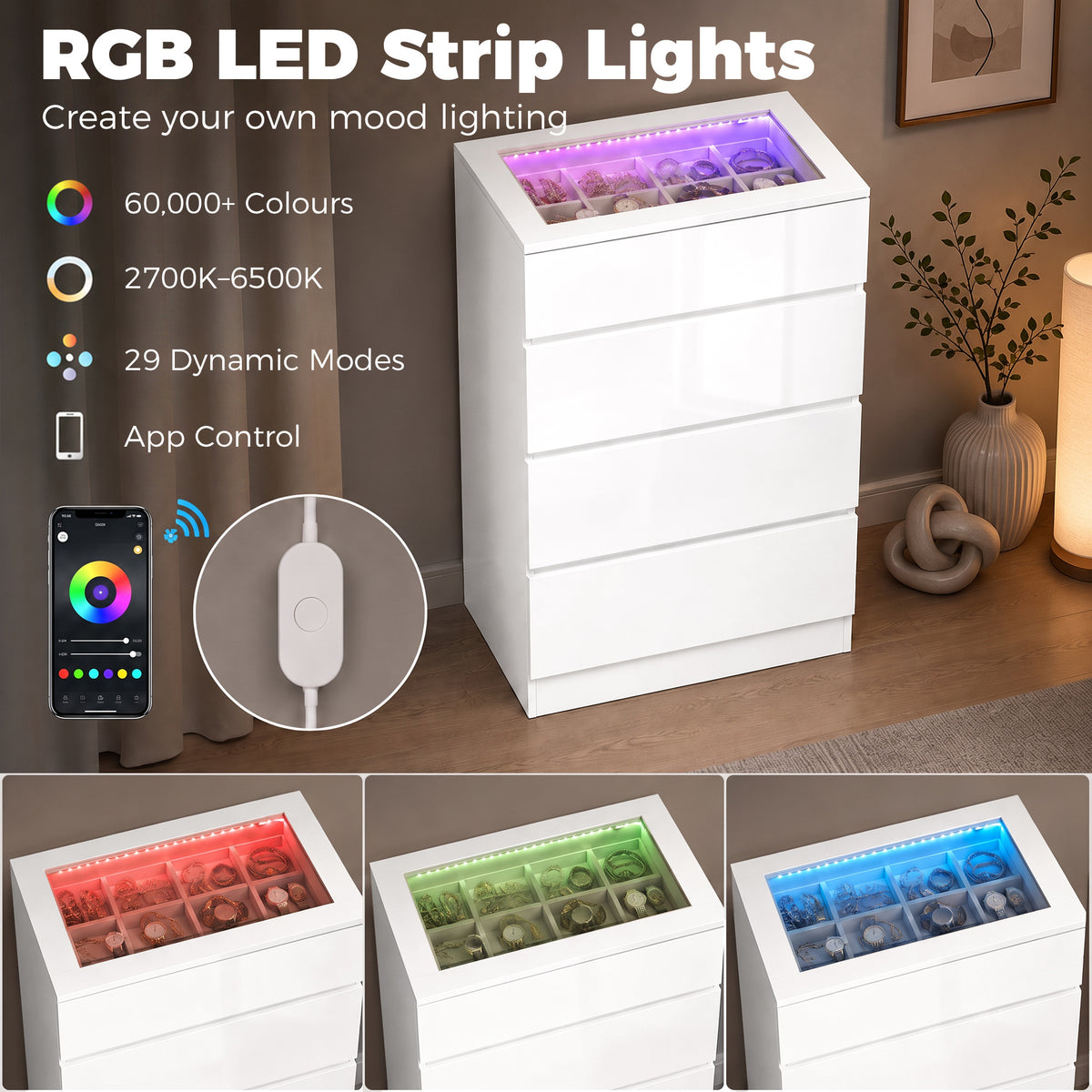 Homcom High Gloss Dresser With Glass Top Rgb Led Lights Jewelry Organizer