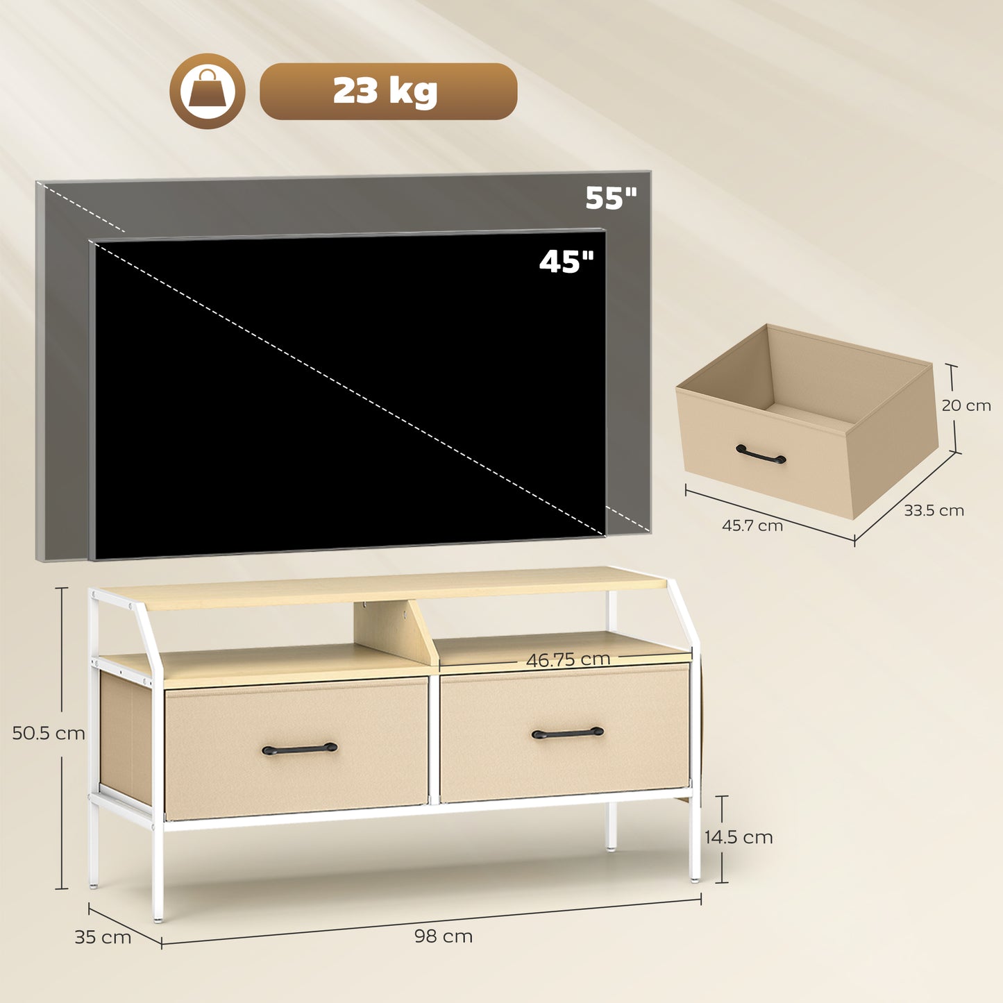HOMCOM Industrial Style TV Stand Cabinet Natural Wood Finish With Two Drawers and Shelves and Side Pockets for 55in TV
