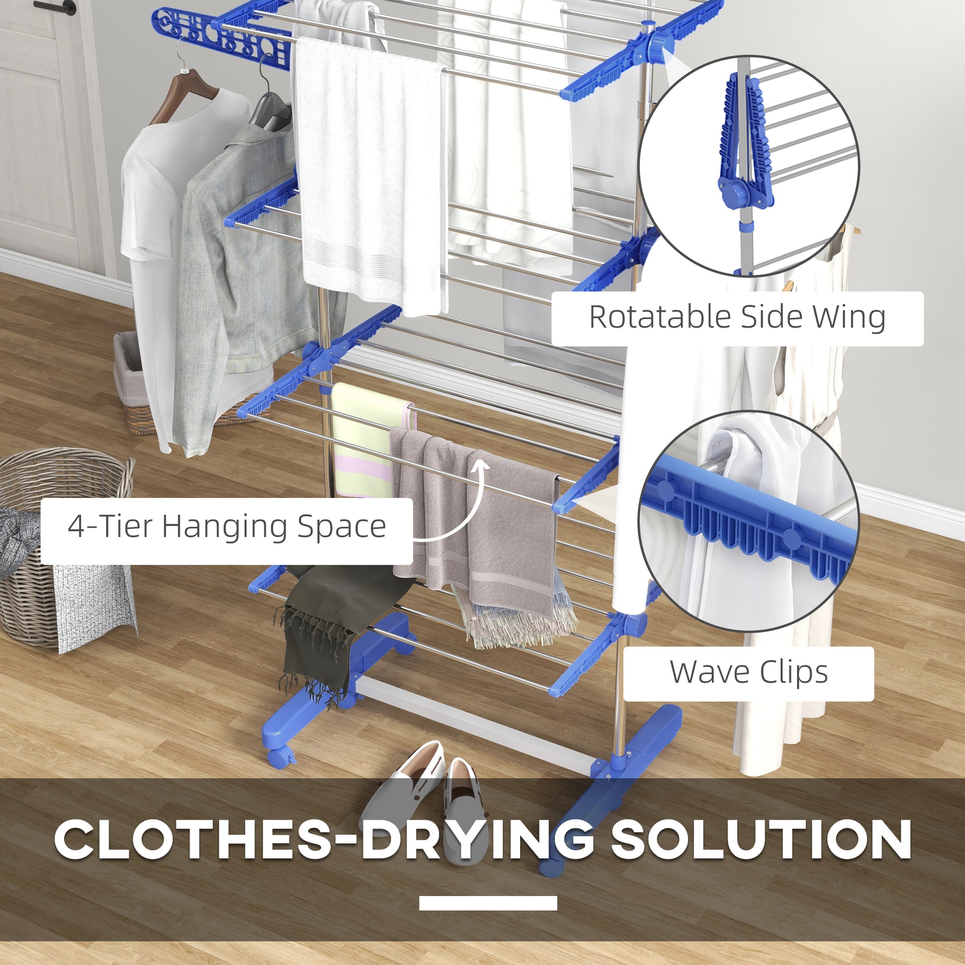 HOMCOM Portable 4-Tier Stainless Steel Clothes Drying Rack with Wheels and Folding Wings for Indoor & Outdoor Use - ALL4U RETAILER LTD