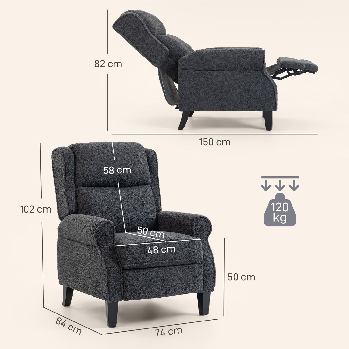 HOMCOM 132 Degree Manual Recliner Armchair With Extended Footrest In Dark Grey For Tall People