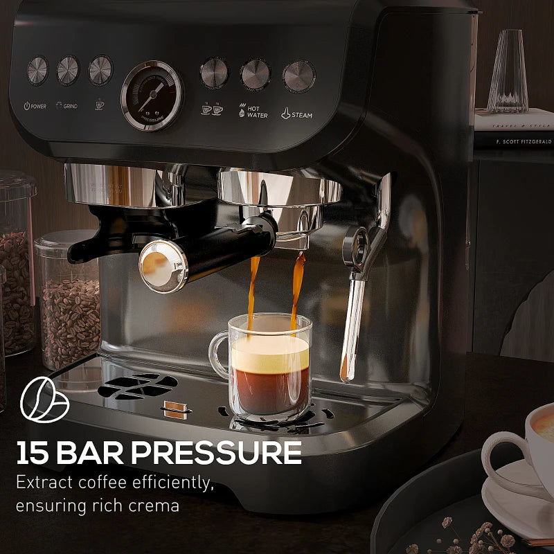 HOMCOM 15 Bar Espresso Coffee Machine with Adjustable Grinder, Steamer, and Accessories - ALL4U RETAILER LTD