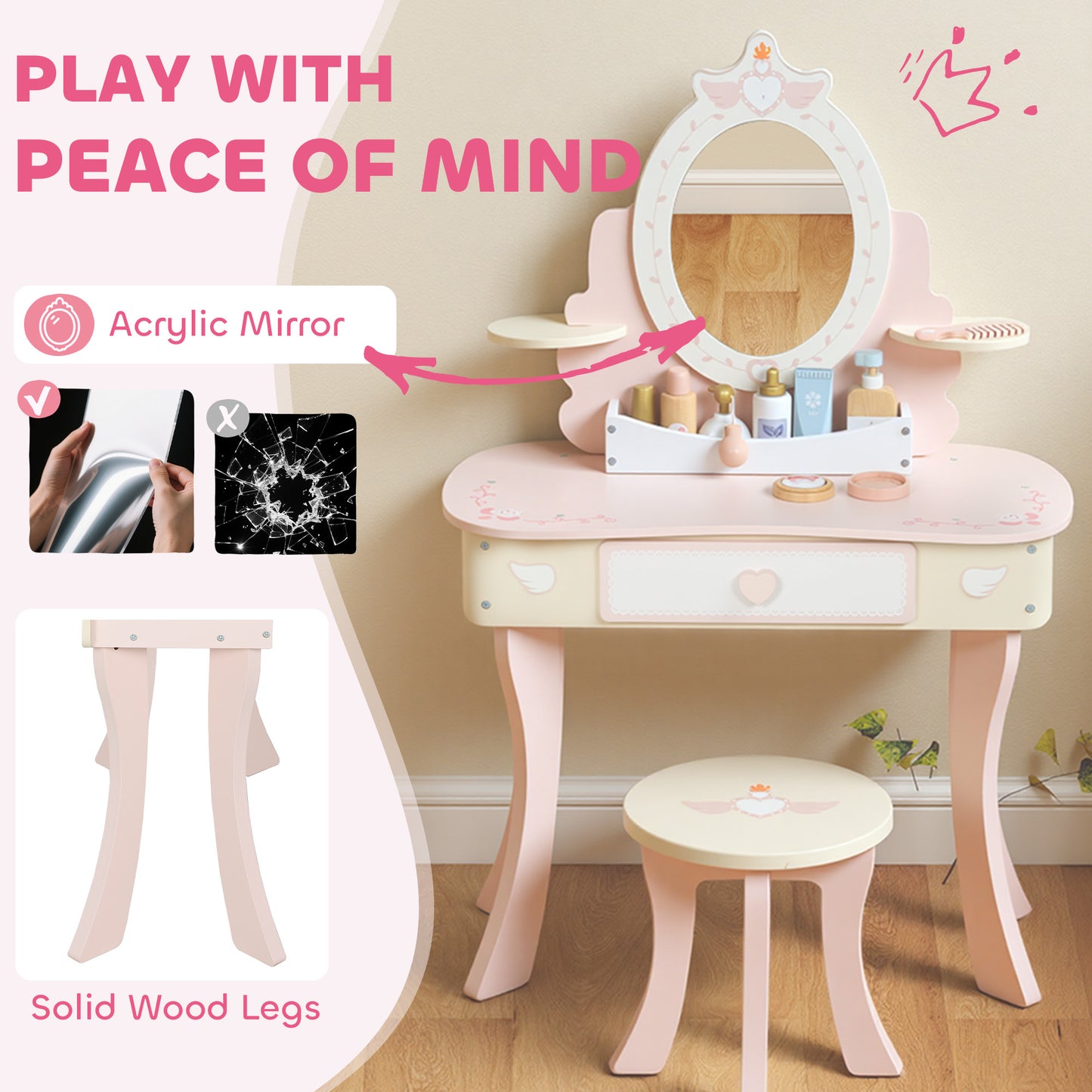 AIYAPLAY Kids Dressing Table Vanity Set With Mirror And Stool Pink Girls Desk With 7 Accessories And Storage