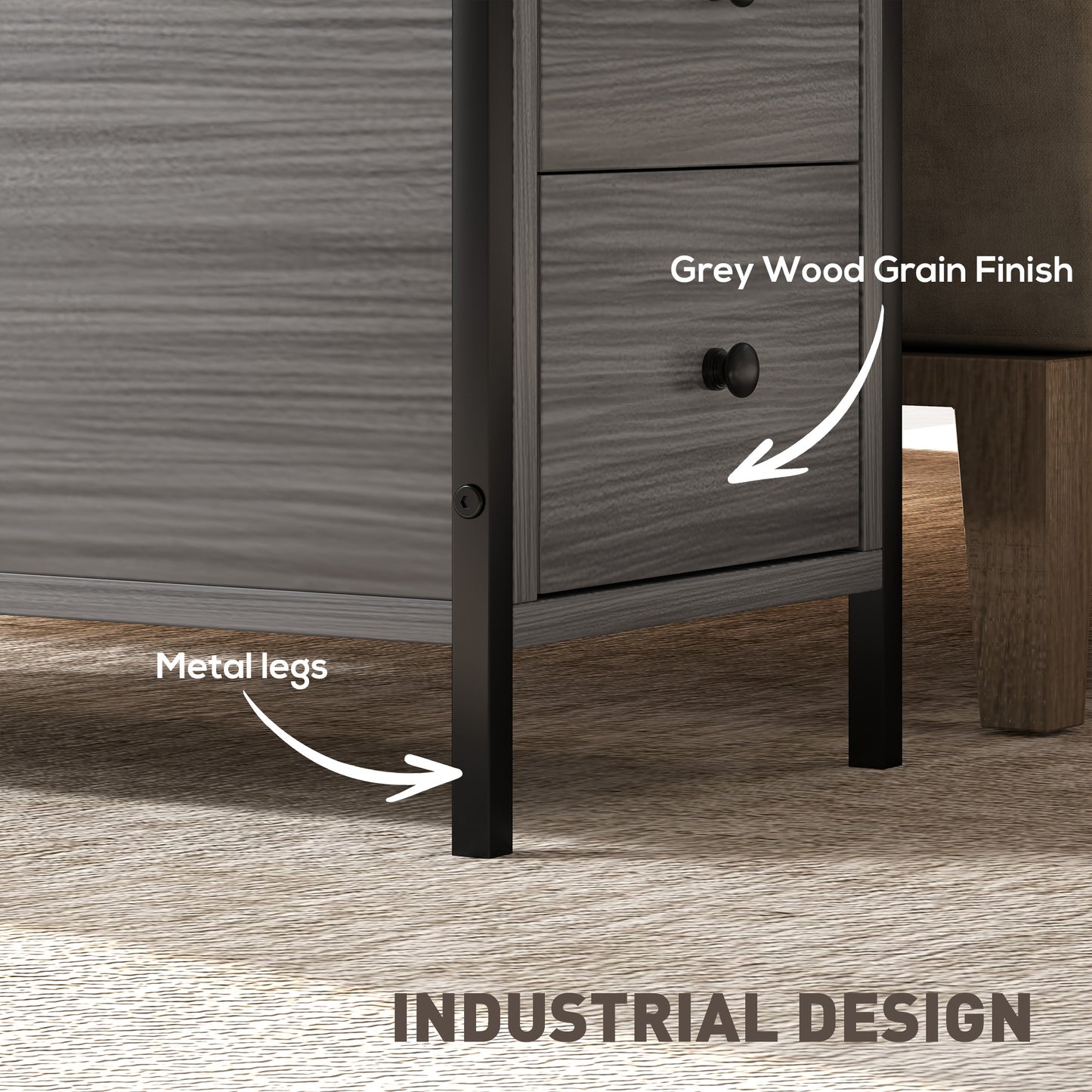 HOMCOM Narrow Bedside Table With 2 Drawers And Storage Shelf Industrial End Table Metal Frame Grey Wood Grain