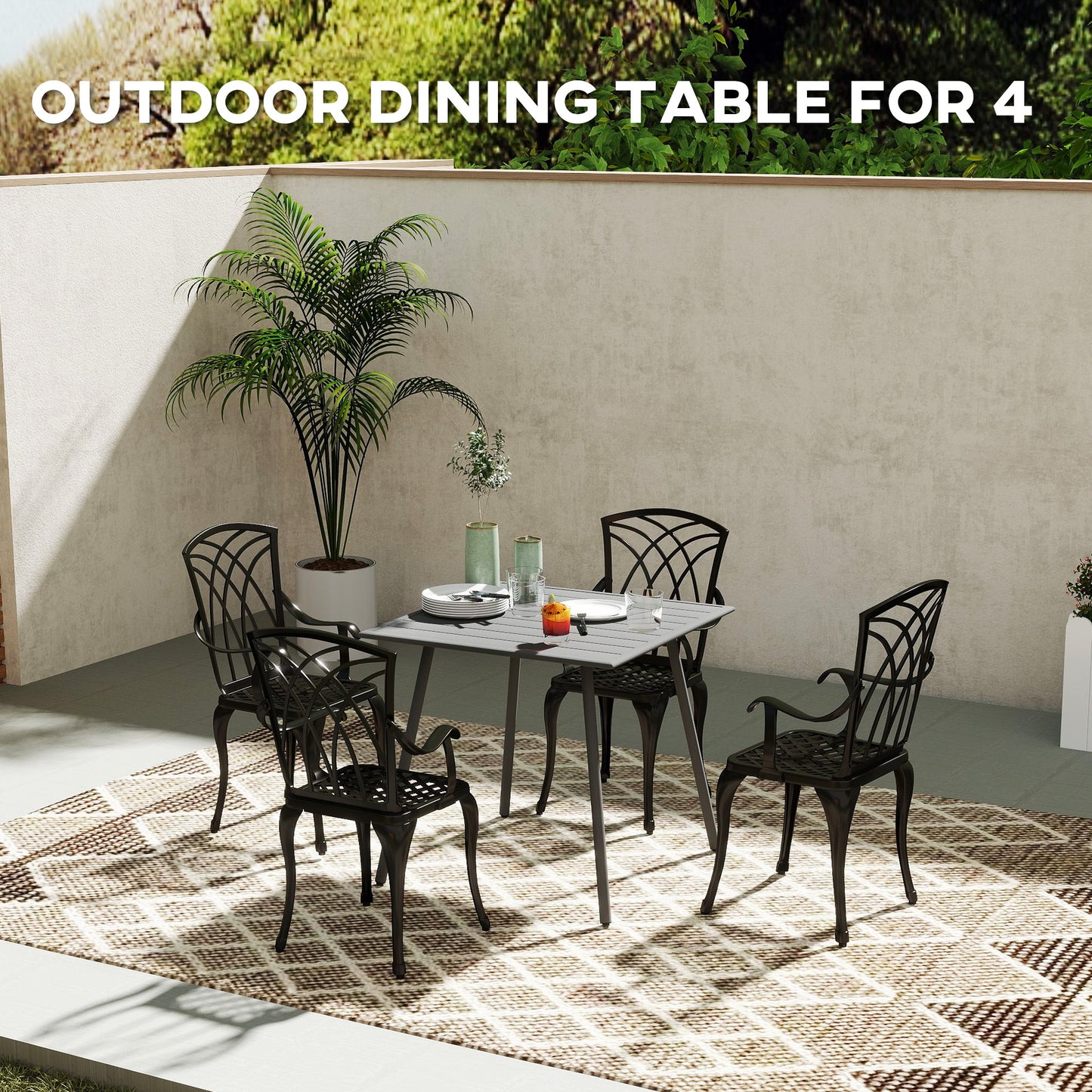 Outsunny Square Garden Table With Slat Top And Steel Frame For Four People 80 x 80 x 74 cm Grey