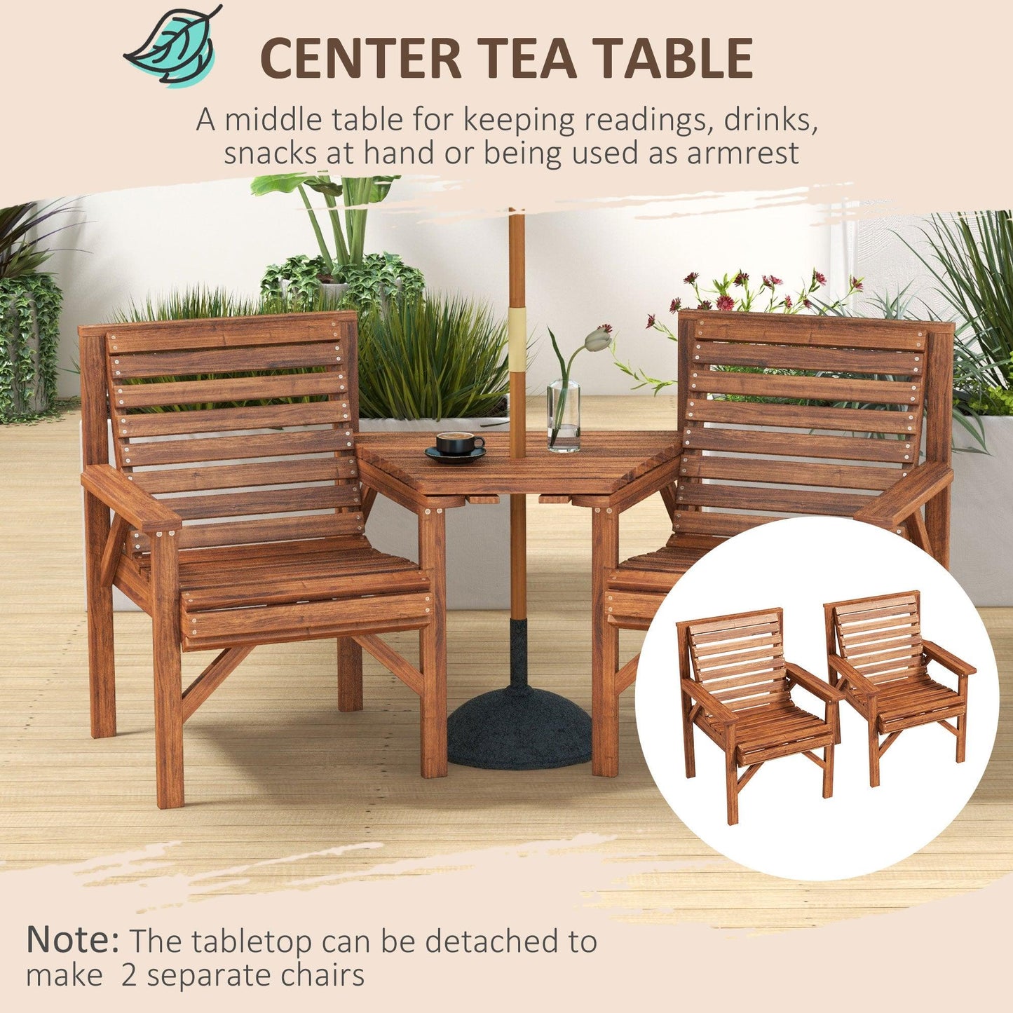 Outsunny Wooden Garden Love Seat w/ Coffee Table Umbrella Hole, Tan Brown - ALL4U RETAILER LTD