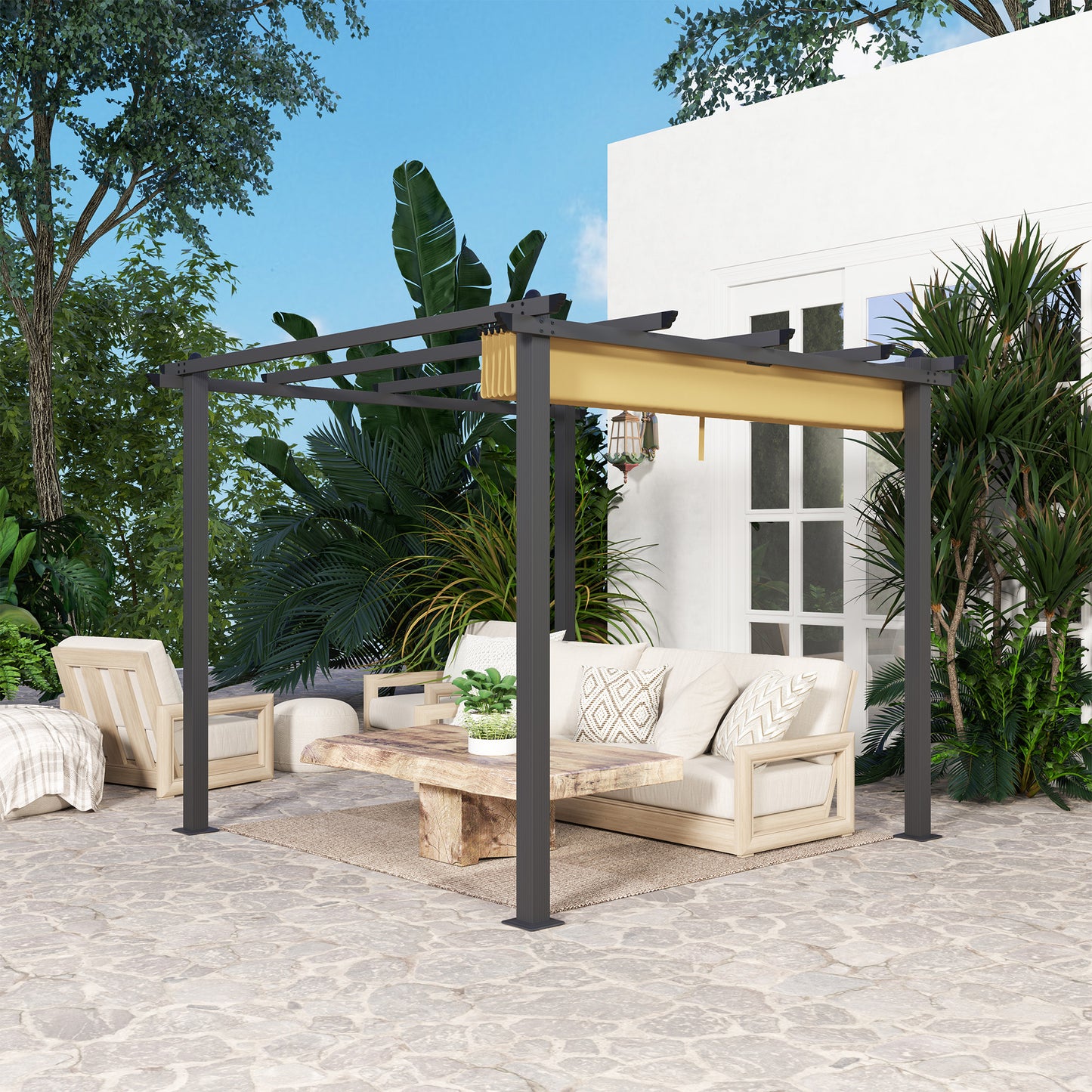 Outsunny 3x3m Aluminium Pergola With Retractable Roof Khaki For Outdoor Patio And Garden Space