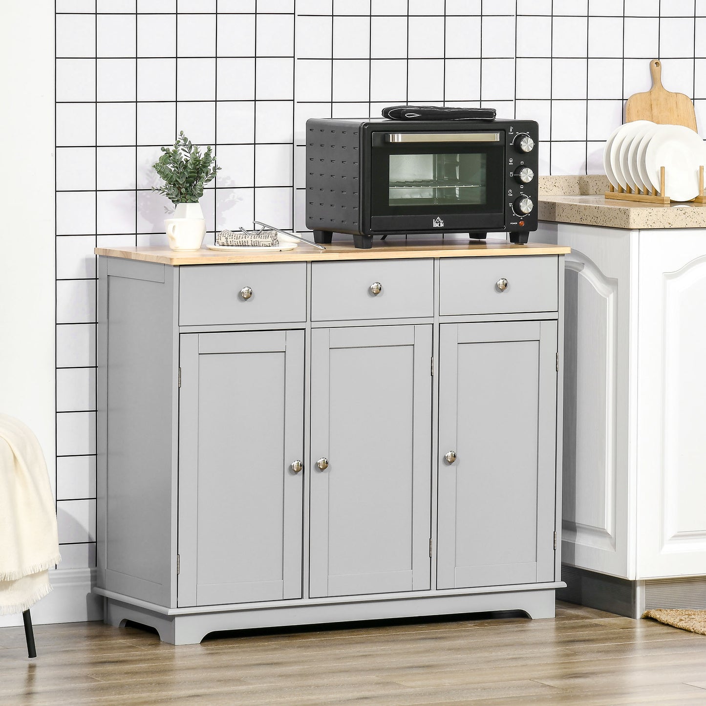 HOMCOM Sideboard with Rubberwood Top and Independent Storage Shelves for Dining Room, Kitchen - Grey