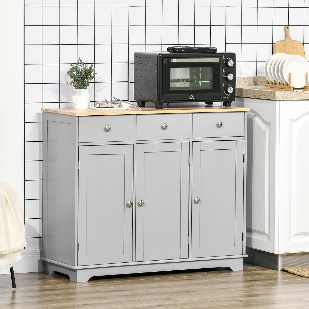 Grey sideboard cabinet with rubberwood top, three doors, and metal knobs