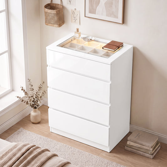 White high-gloss dresser with glass top and open jewelry organizer drawer compartments