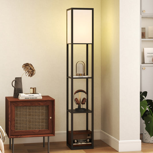 HOMCOM Floor Lamp With Shelves Three Tier Modern Standing Lamp For Living Room Bedroom Office Black Bulb Not Included
