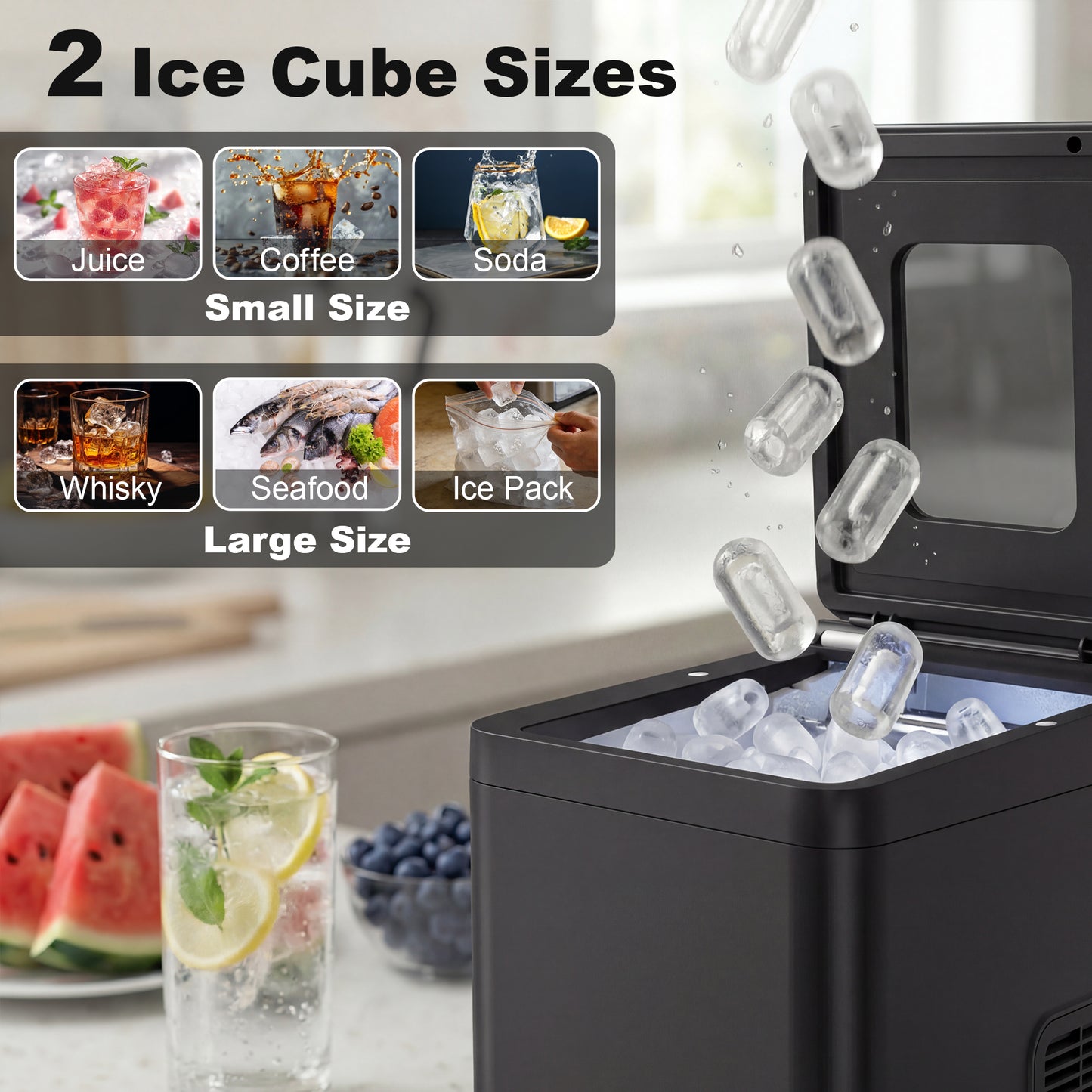 HOMCOM Countertop Ice Maker Self Cleaning Compact Machine With Two Ice Sizes 1.5 L Water Tank Black