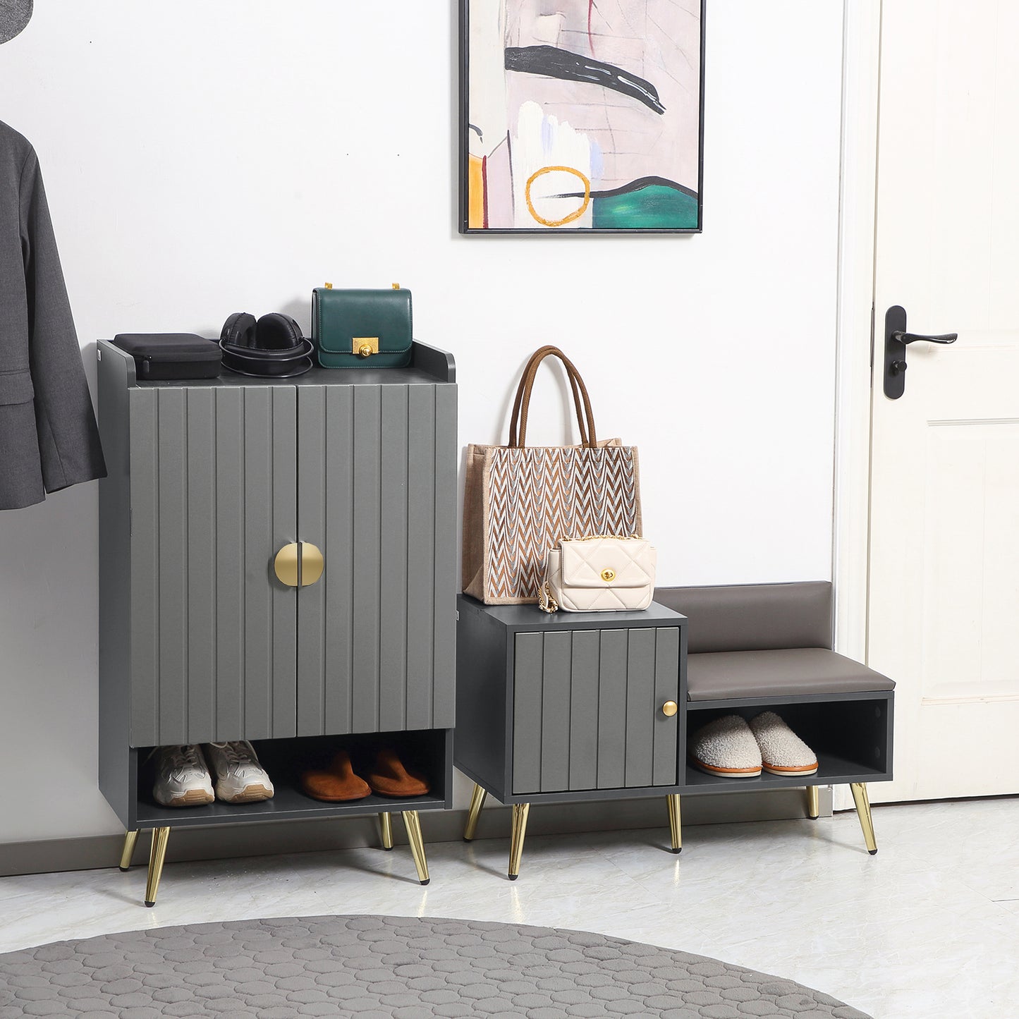 HOMCOM Modern Grey Shoe Cabinet With Two Doors Open Shelf And Adjustable Shelves For 15 Pairs Hallway Entryway Storage