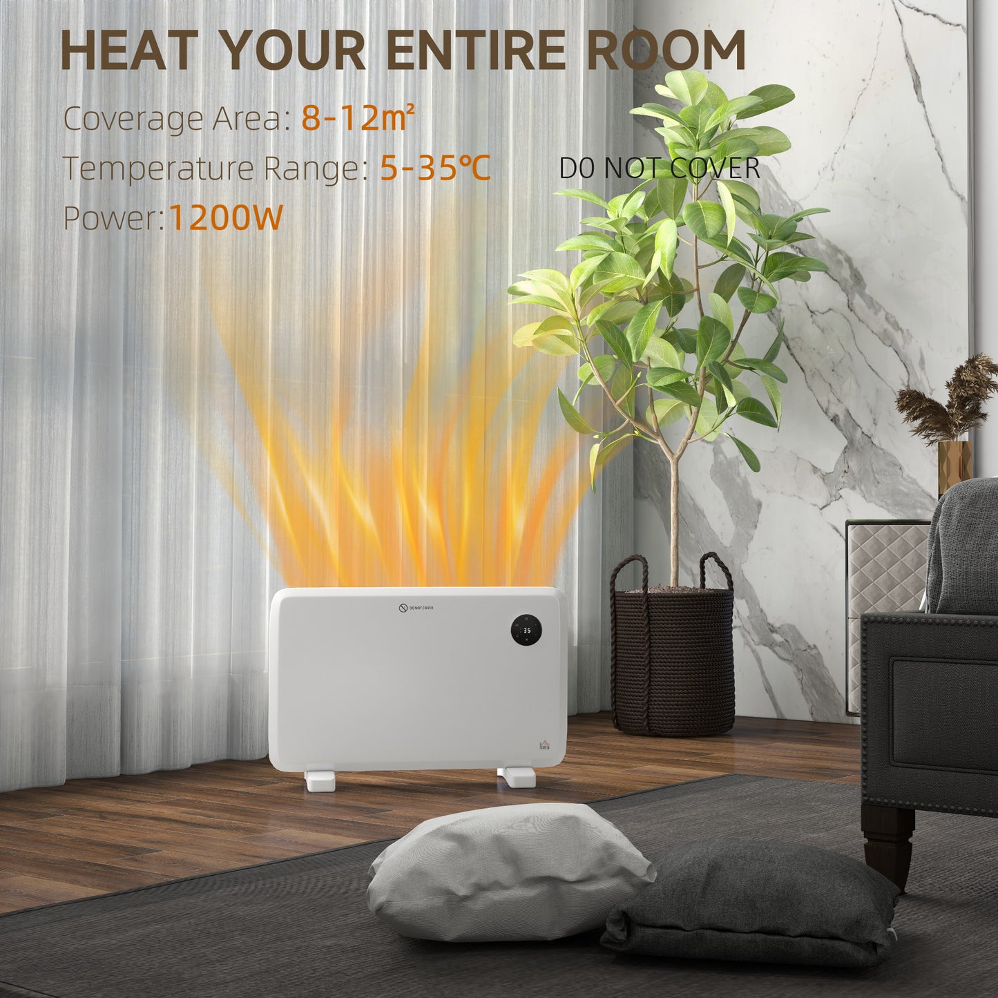 HOMCOM 1200W Electric Convector Heater Freestanding Or Wall Mounted With Adjustable Thermostat Timer White
